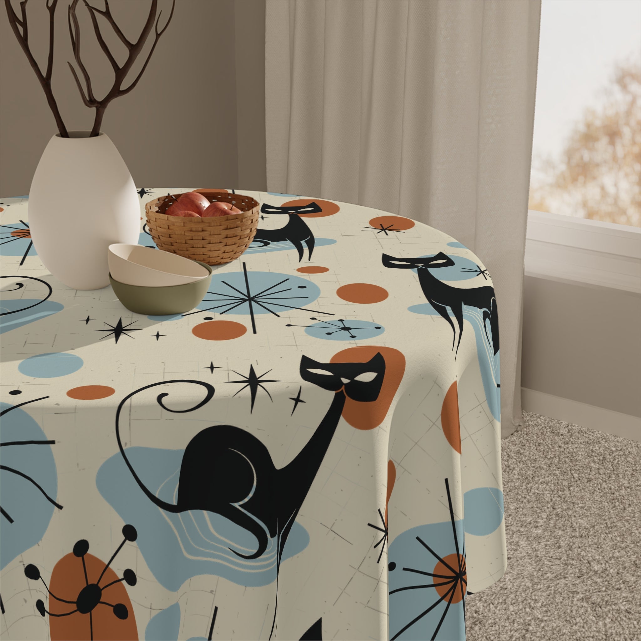 Kate McEnroe New York Retro Atomic Cat Tablecloth, Mid Century Modern Dining Table Cover, MCM Starburst Cozy Home Decor, MCM Starburst Vintage Kitchen DecorTablecloths27553182531063909558