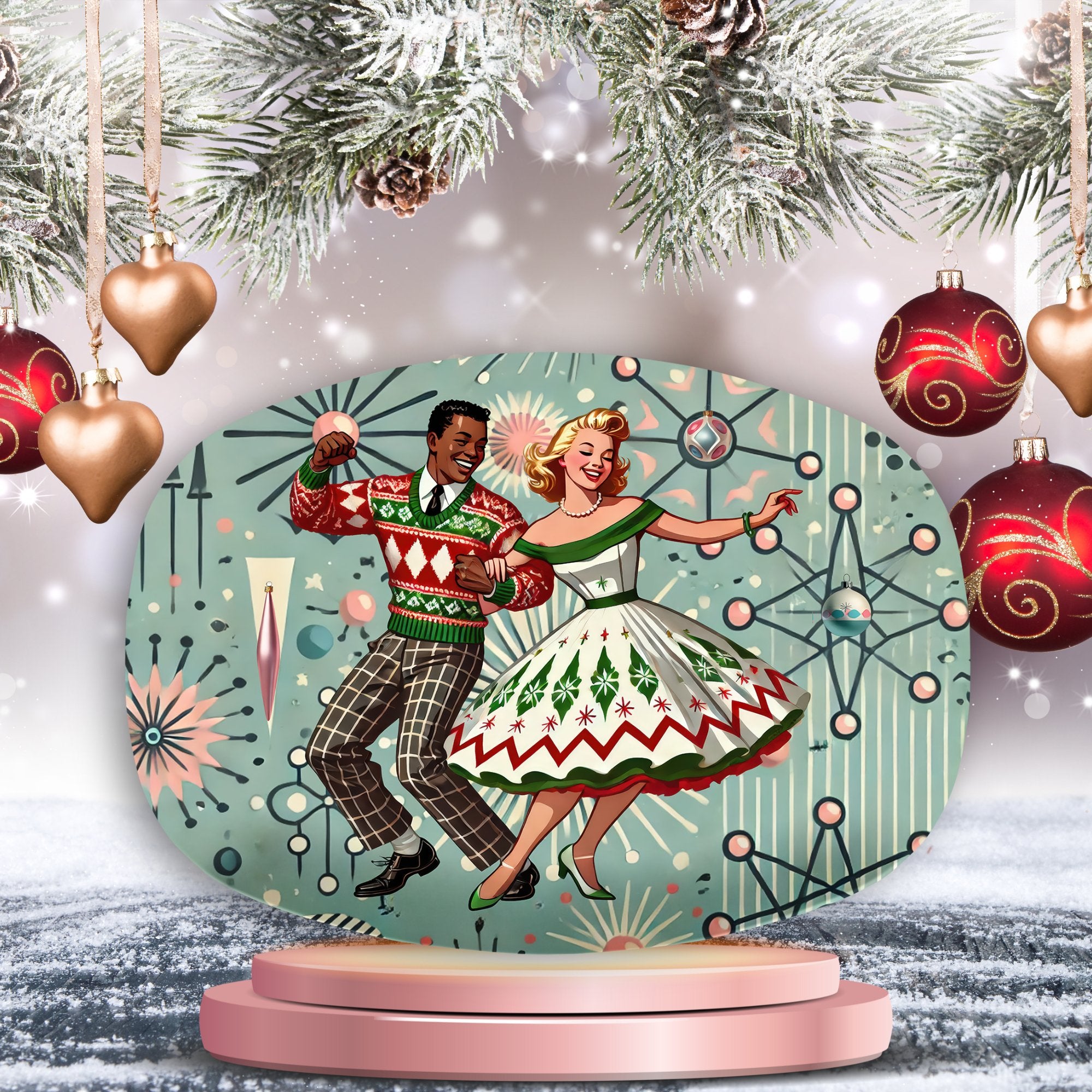 Kate McEnroe New York Retro Atomic Christmas Party Platter, Mid Century Modern Mixed Race Couple, Vintage 50s Kitsch Holiday Tableware, Festive Serving TrayServing PlattersP23 - MIX - RACE - 4