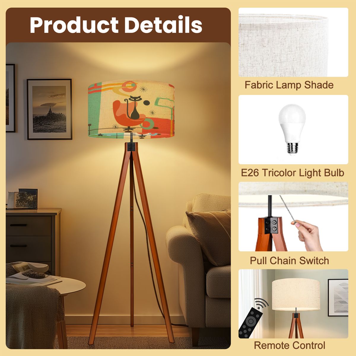 Kate McEnroe New York Retro Atomic Kitschy Cat Tripod Floor Lamp, Mid Century Modern Teal Orange LightingFloor LampsUHk66JRtqf