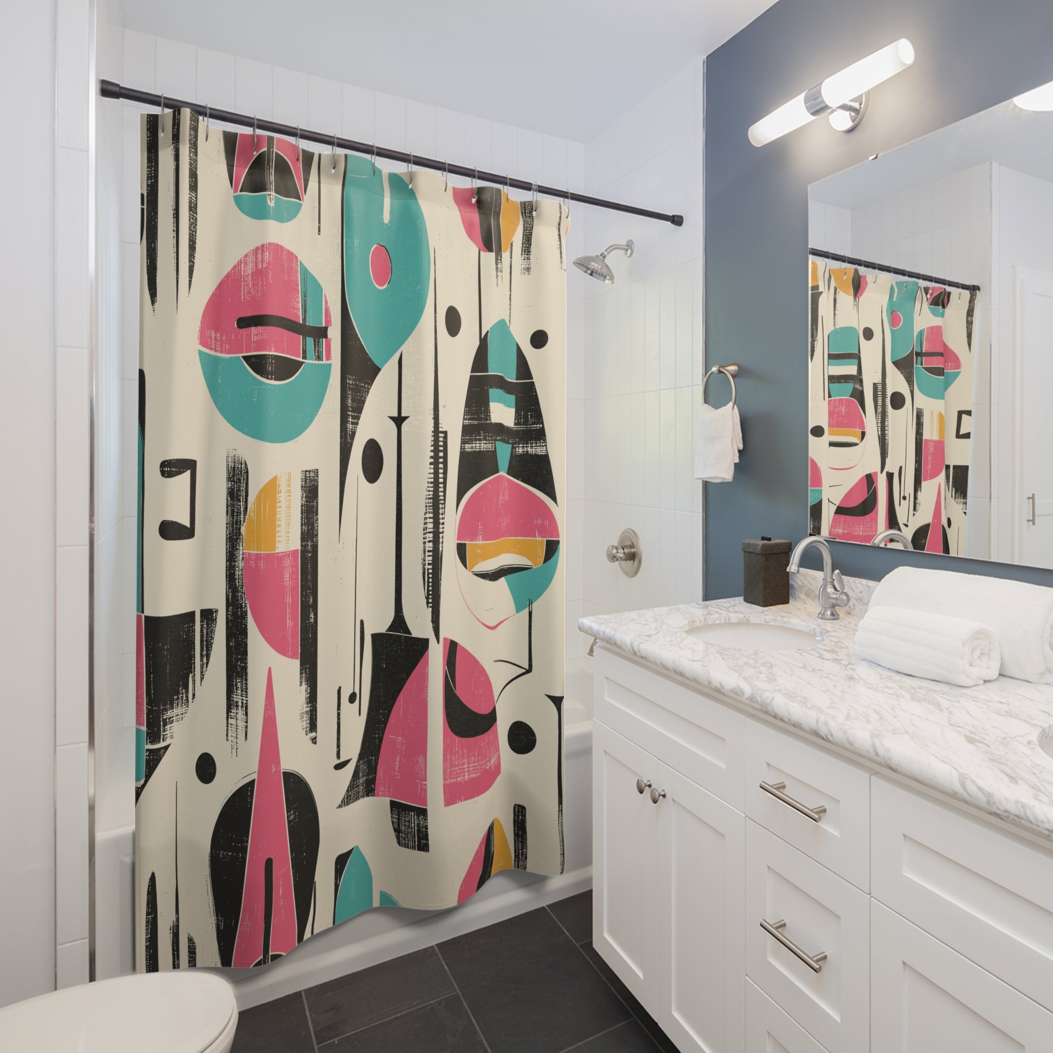 Kate McEnroe New York Retro Atomic Mid Century Modern Abstract Shower Curtain, Teal Pink Geometric 50s Bathroom Art, Vintage Style Home DecorShower Curtains29958799416143573851