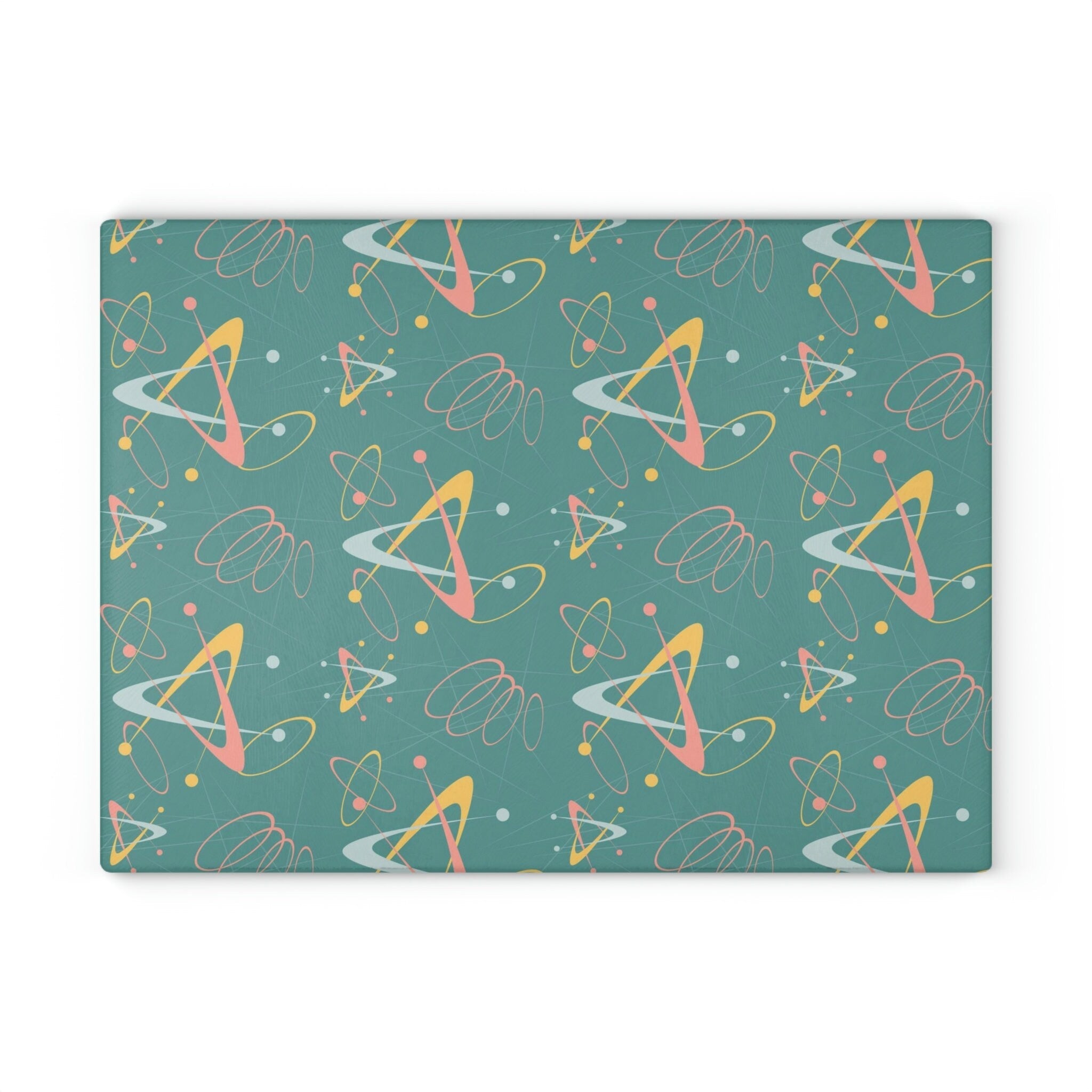 Kate McEnroe New York Retro Atomic Starburst Glass Cutting Board, 50s Mid Century Modern Teal, Pink, Yellow Boomerang Tempered Glass Chopping Board, Gift for MomCutting Boards43223678332635311404