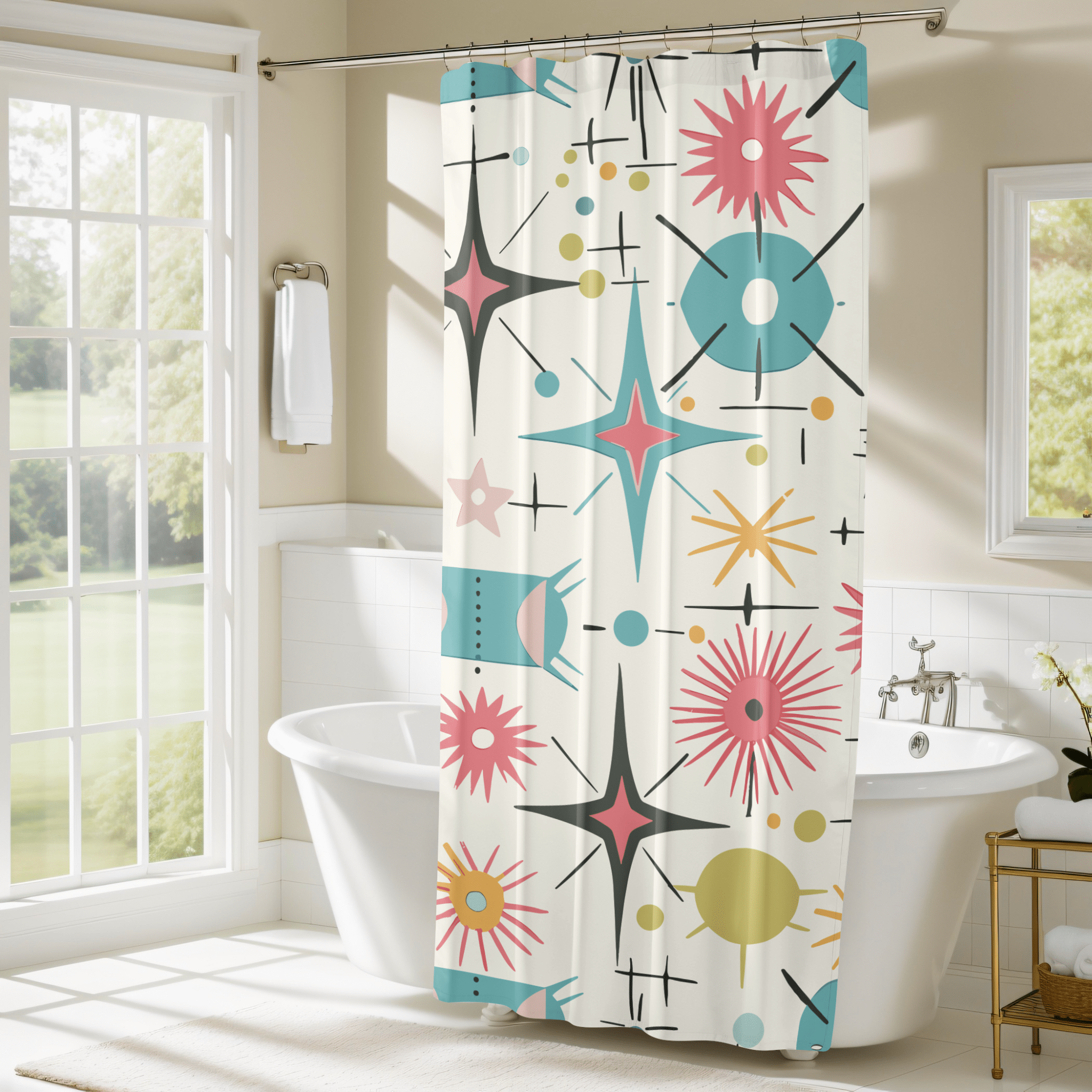 Kate McEnroe New York Retro Atomic Starburst Shower Curtain Mid Century Modern Bathroom DecorShower Curtains25623870273324978172