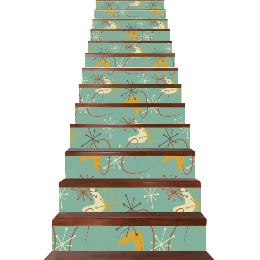 Kate McEnroe New York Retro Boomerang Starburst Peel and Stick Stair Risers, Mid Century Modern MCM Stair Stickers, Atomic Era 13pcs Staircase DecorStair RisersW8M0177W - 1