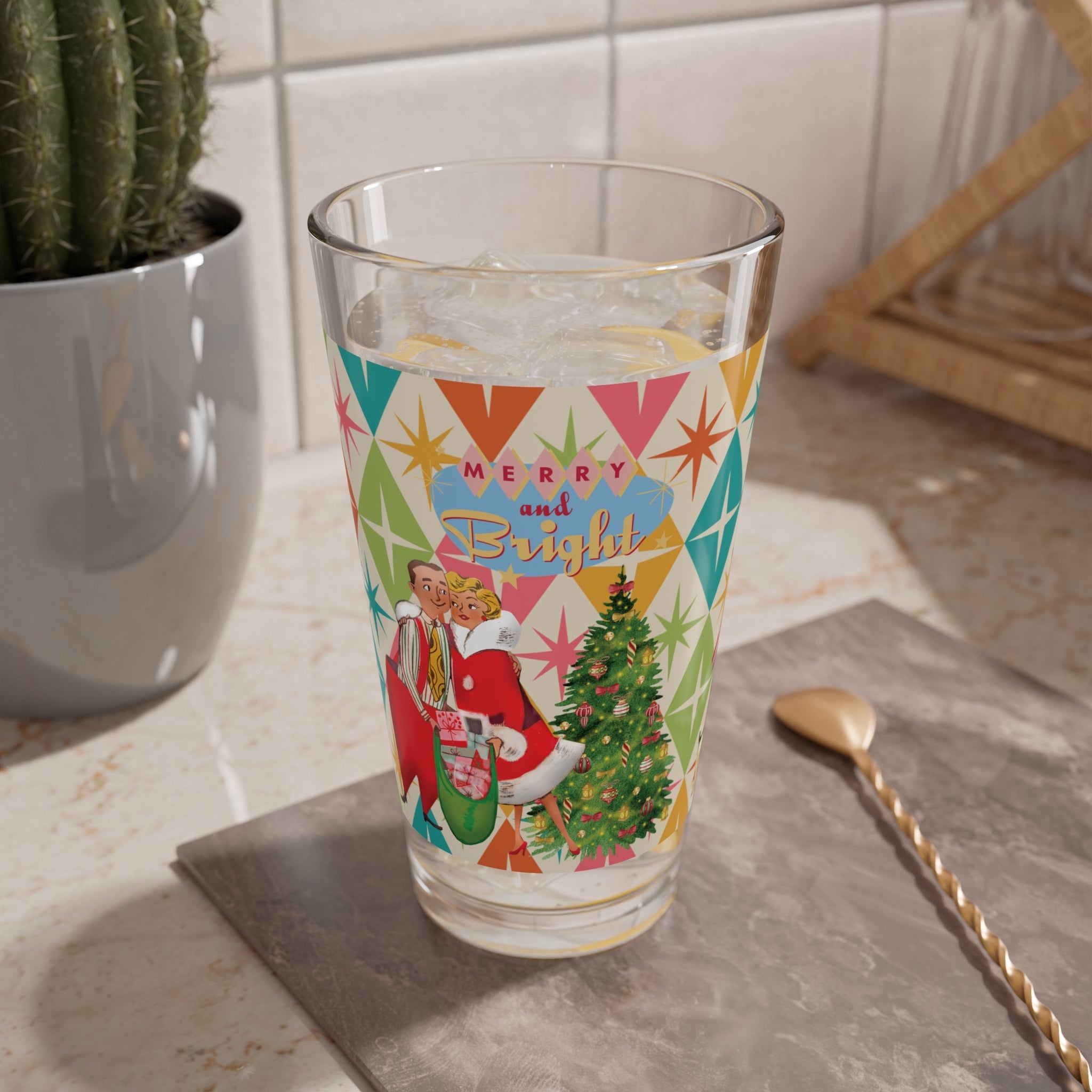 Kate McEnroe New York Retro Christmas Pint Glass, 50s Festive Cheer, Merry and Bright Mid Mod Drinkware, Vintage Style Holiday Beverage GlassPint Glasses12645730593647928257