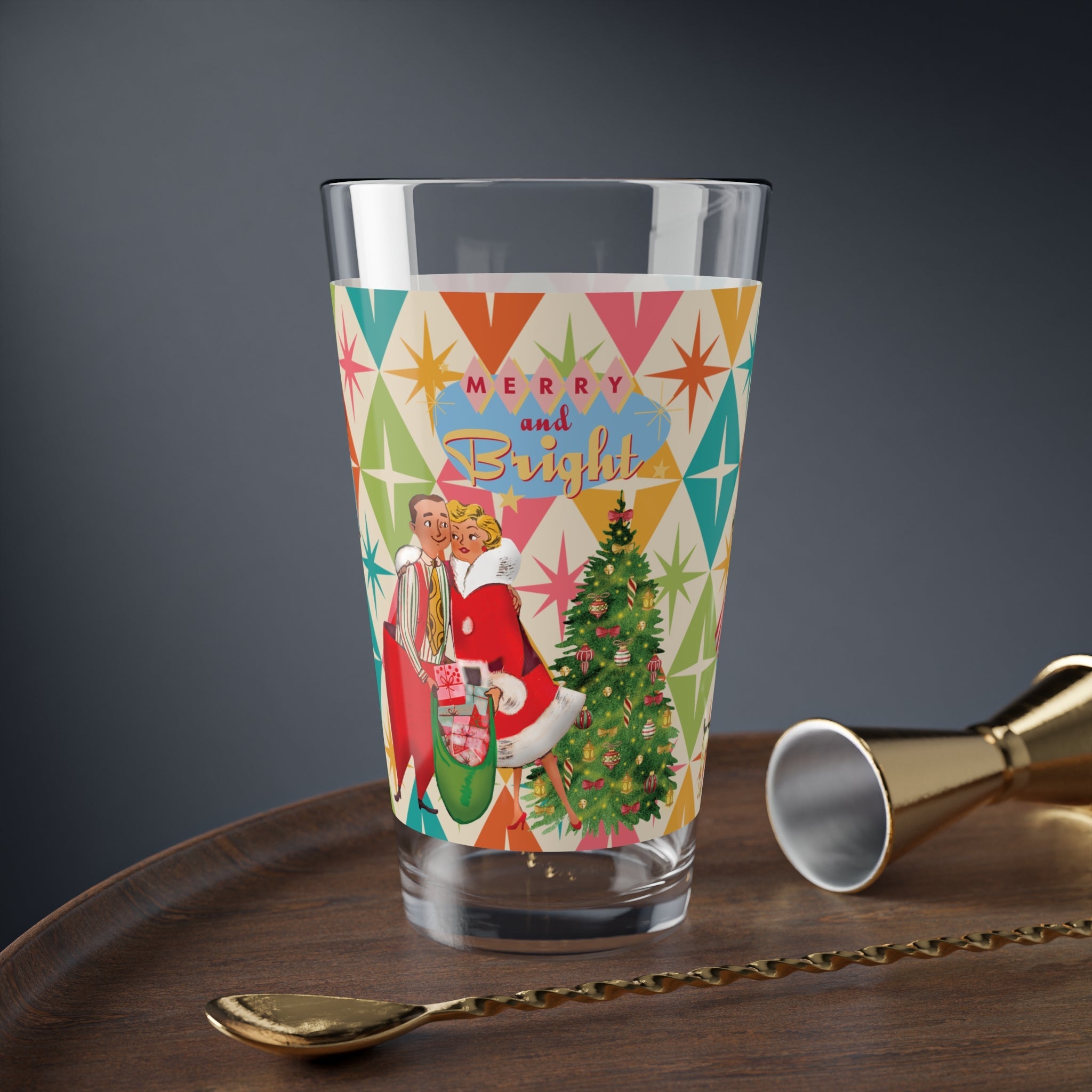 Kate McEnroe New York Retro Christmas Pint Glass, 50s Festive Cheer, Merry and Bright Mid Mod Drinkware, Vintage Style Holiday Beverage GlassPint Glasses12645730593647928257