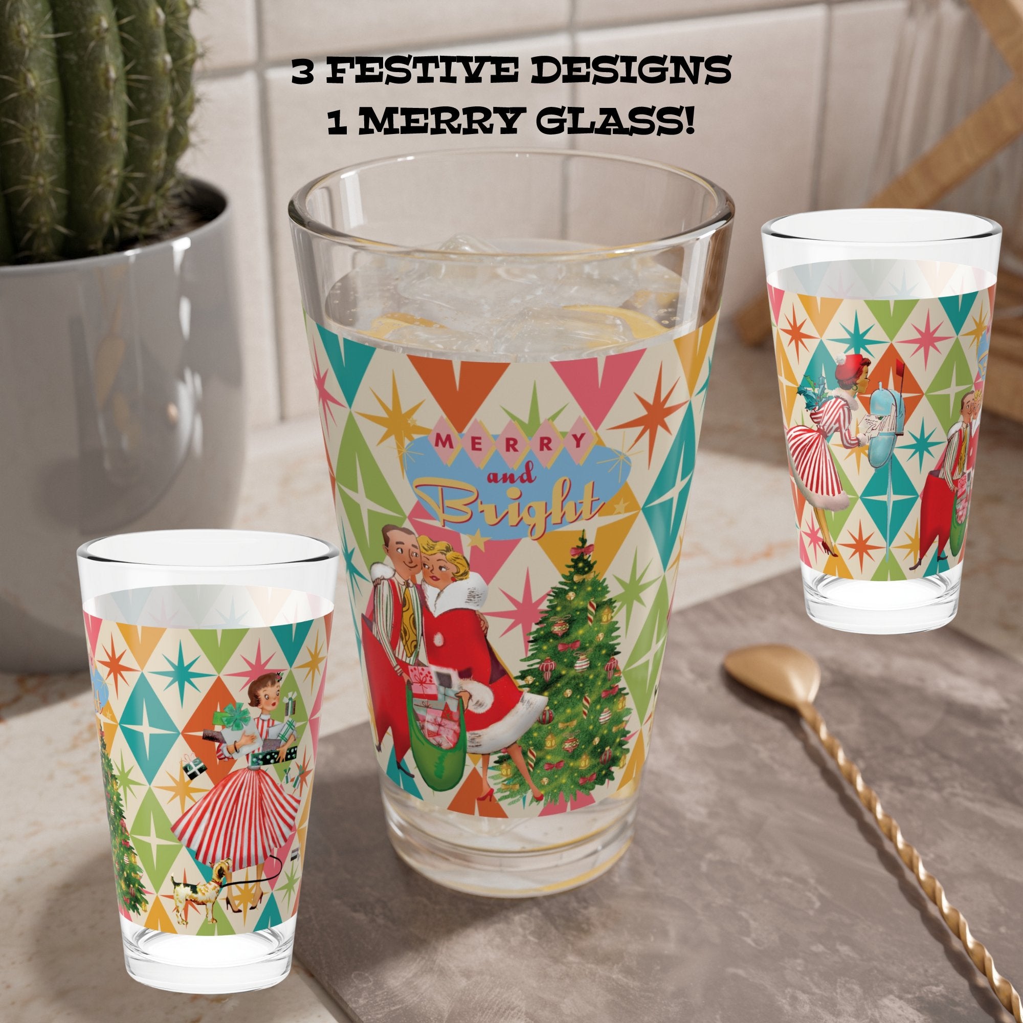Kate McEnroe New York Retro Christmas Pint Glass, 50s Festive Cheer, Merry and Bright Mid Mod Drinkware, Vintage Style Holiday Beverage GlassPint Glasses12645730593647928257