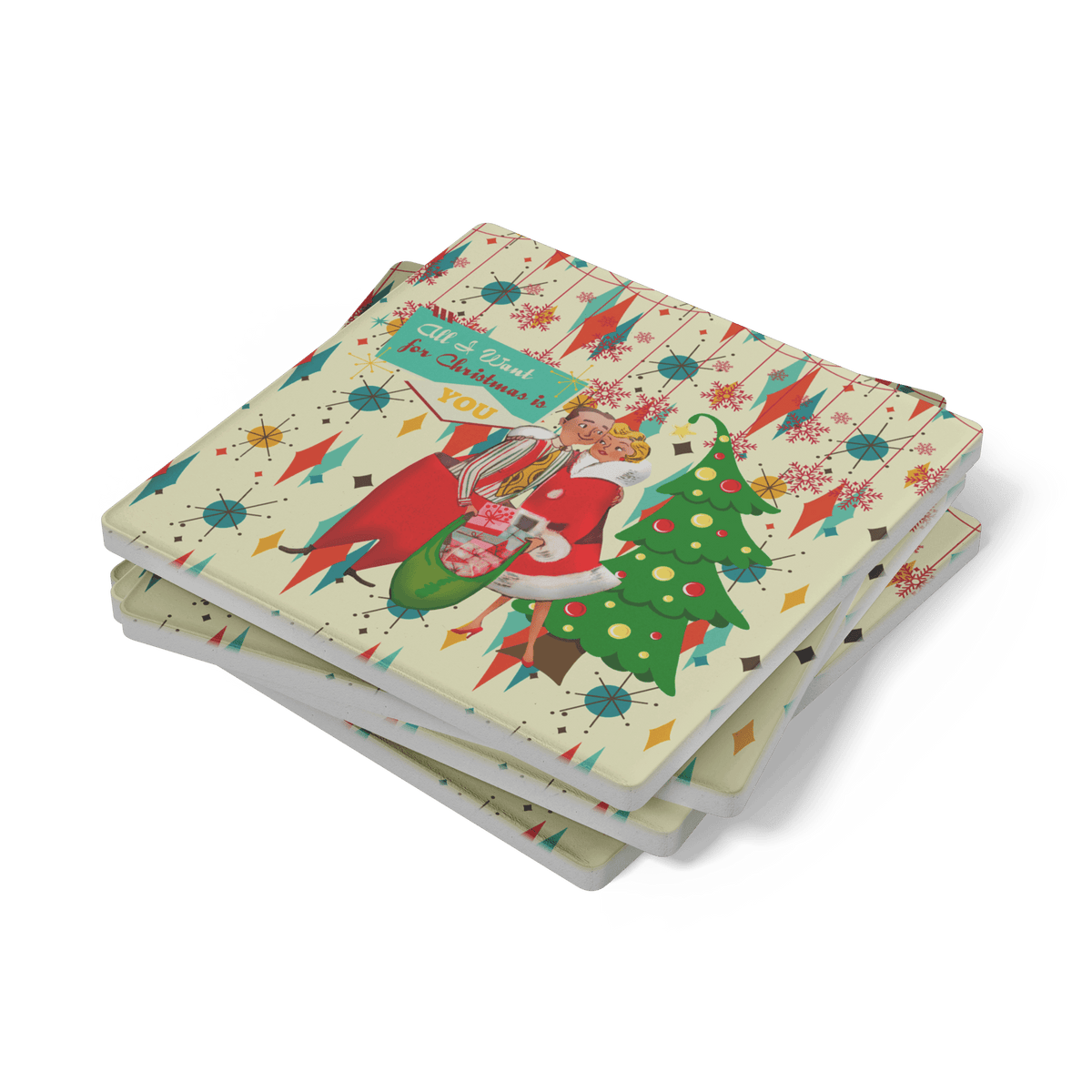 Kate McEnroe New York Retro Christmas Soapstone Coasters, Vintage Holiday MCM Drinkware Set of 4Coasters7021