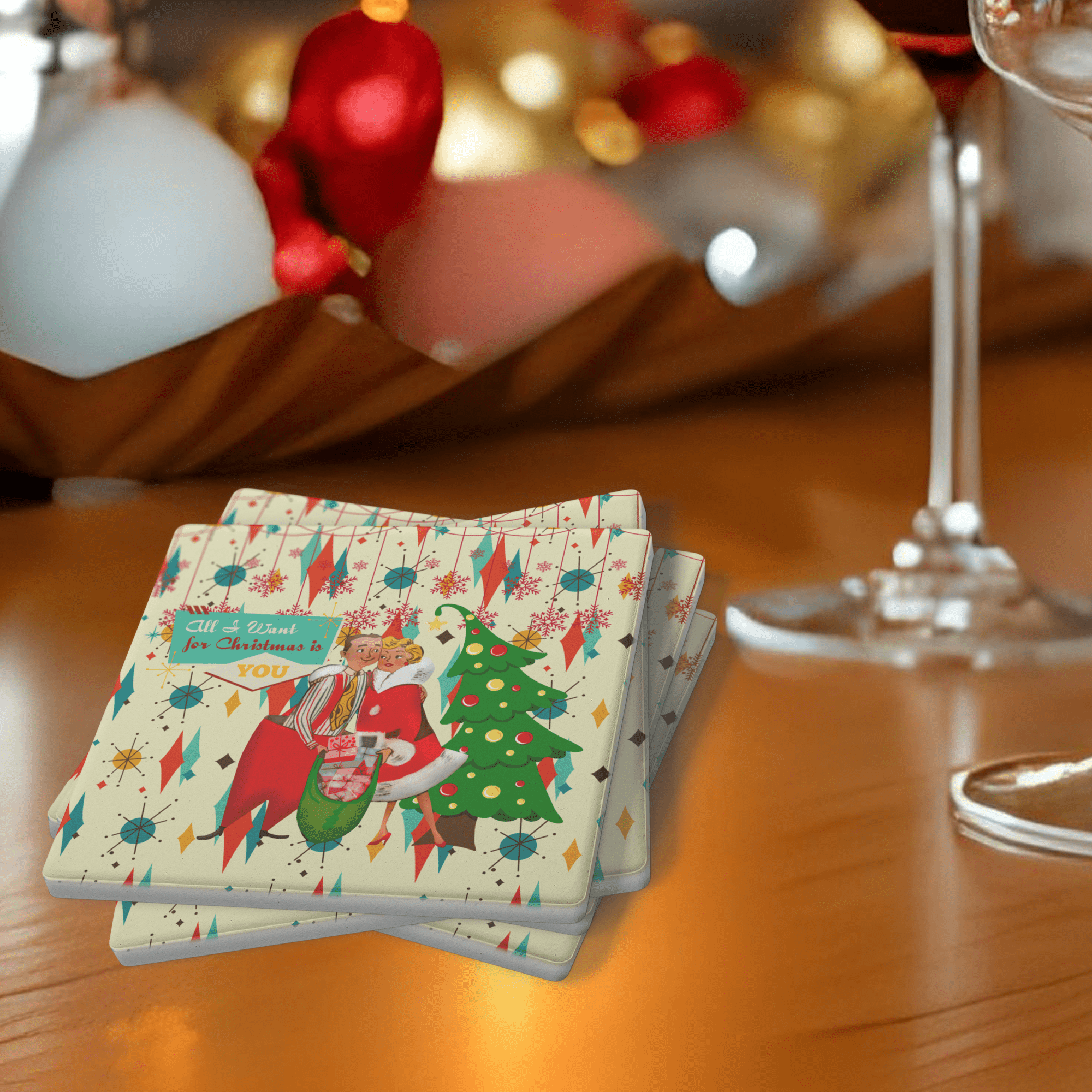 Kate McEnroe New York Retro Christmas Soapstone Coasters, Vintage Holiday MCM Drinkware Set of 4Coasters7021