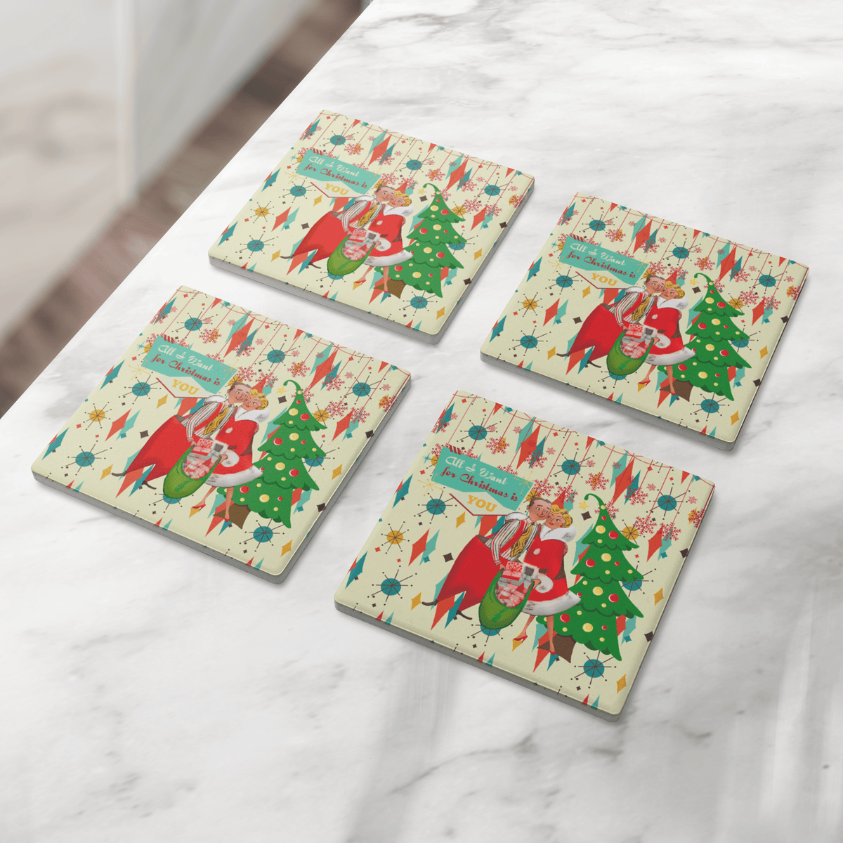 Kate McEnroe New York Retro Christmas Soapstone Coasters, Vintage Holiday MCM Drinkware Set of 4Coasters7021