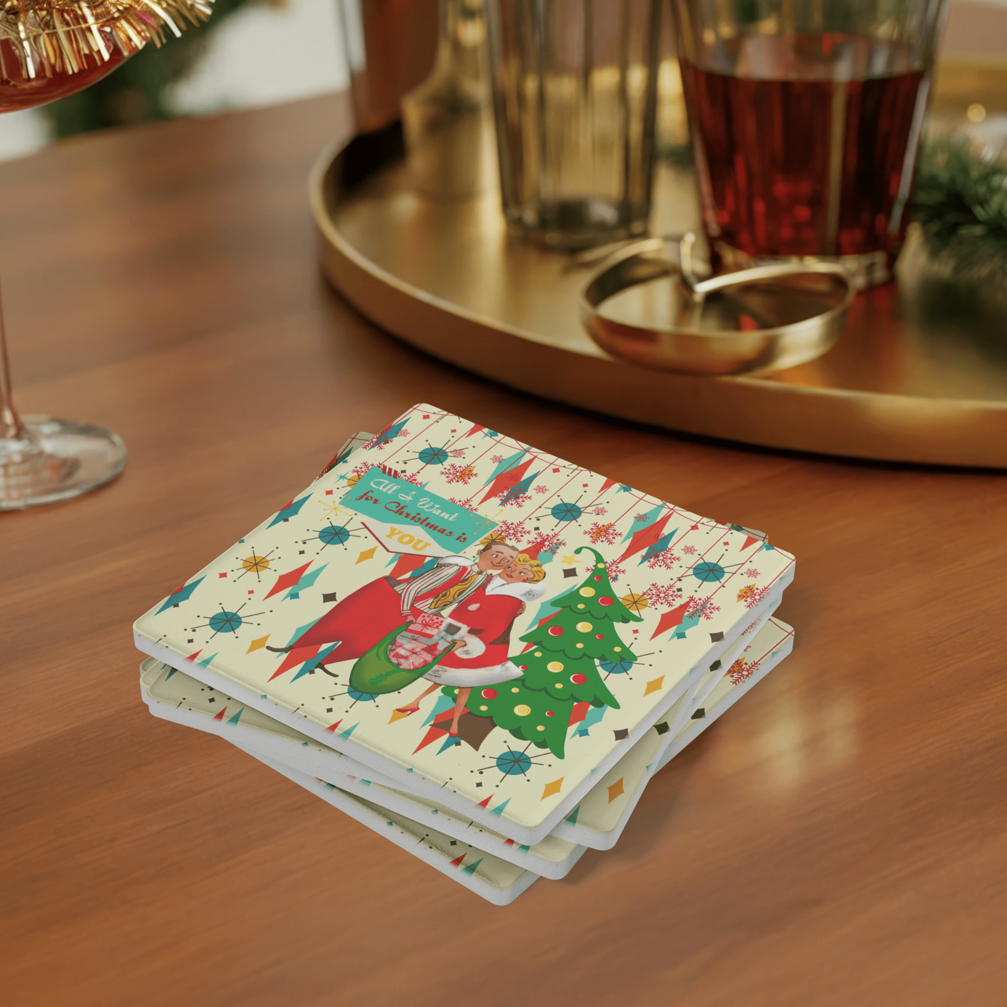 Kate McEnroe New York Retro Christmas Soapstone Coasters, Vintage Holiday MCM Drinkware Set of 4Coasters7021