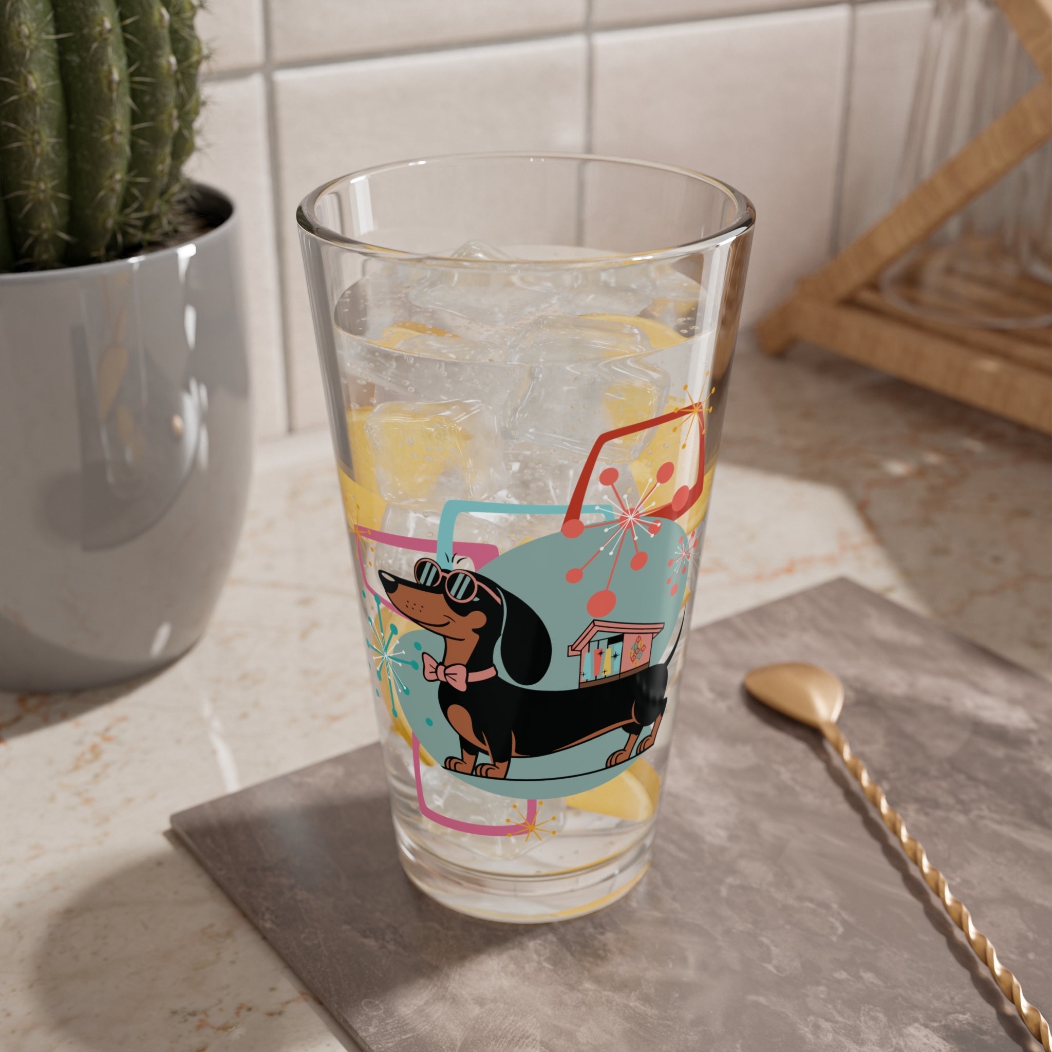 Kate McEnroe New York Retro Dachshund Mid Century Modern Pint Glass, MCM Starburst Dog Drinkware, Kitsch Barware GlassPint Glasses82455806609617366042