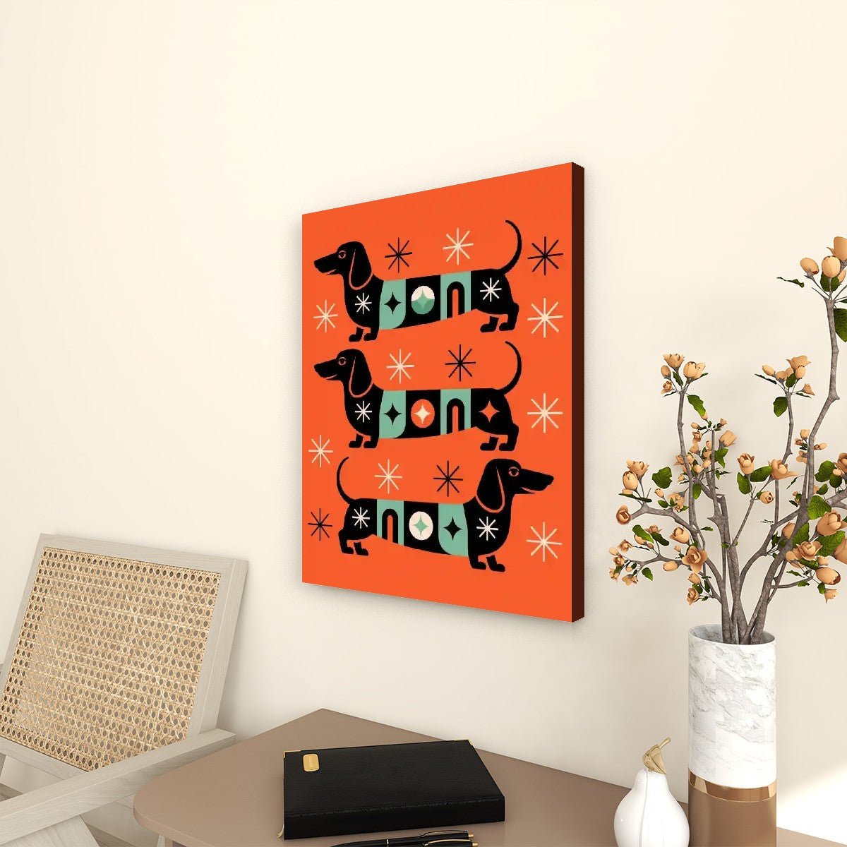 Kate McEnroe New York Retro Dachshund Mid Century Modern Wall Art, Vintage Kitsch Doxie Dog Starburst CanvasCanvas Wall ArtVI5Ht6Zaqz