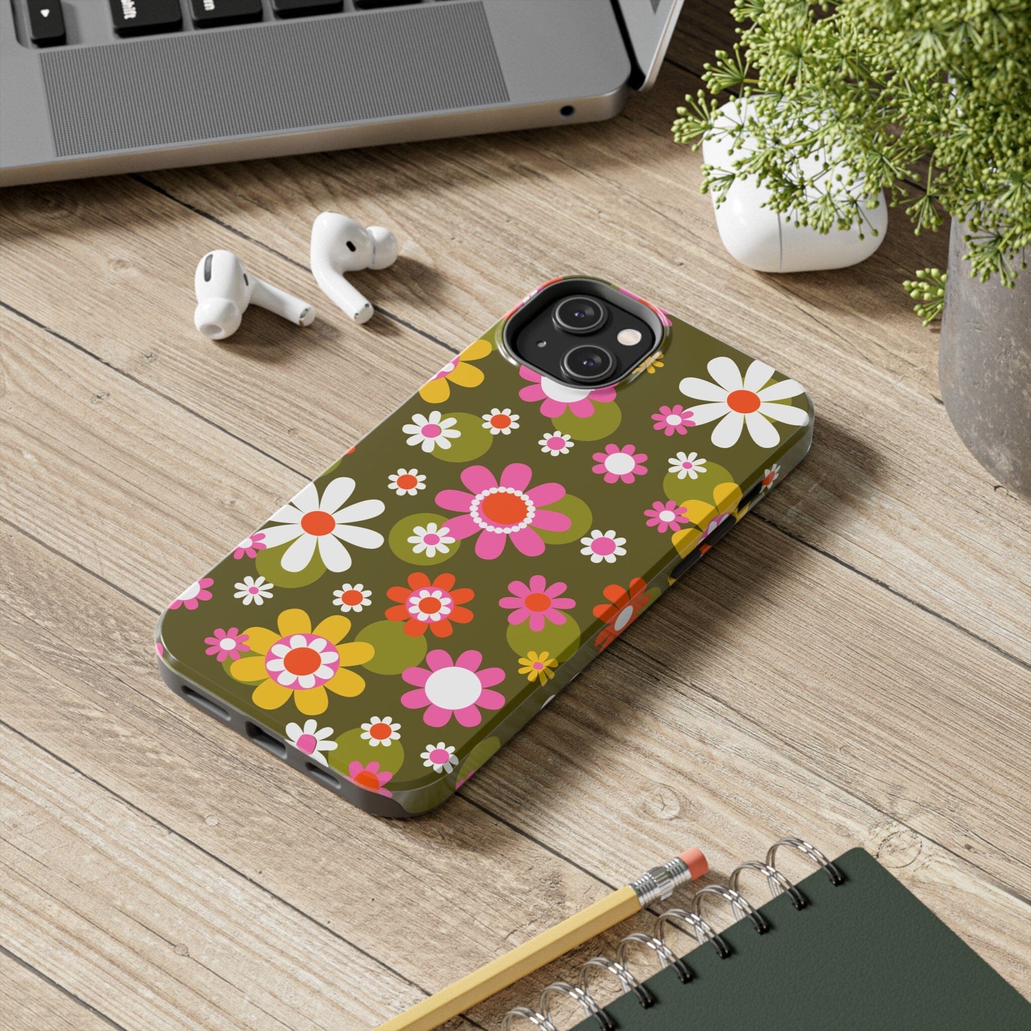 Kate McEnroe New York Retro Daisy Flower Power Phone Case for iPhone 14 Series, 70s Hippie Pink & Green Mid Century Modern Design - 13389123Phone Cases17402050954205161214