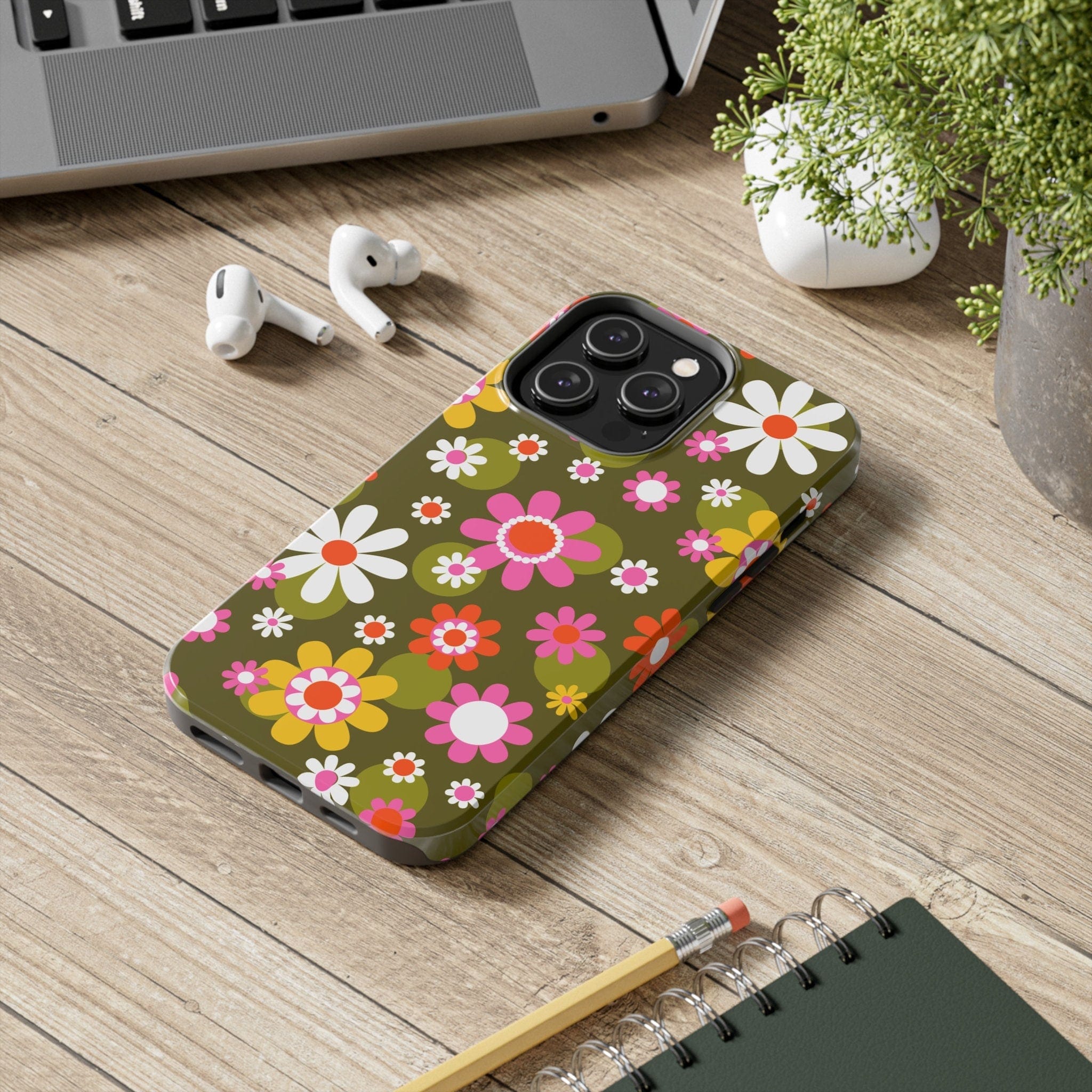 Kate McEnroe New York Retro Daisy Flower Power Phone Case for iPhone 14 Series, 70s Hippie Pink & Green Mid Century Modern Design - 13389123Phone Cases17402050954205161214