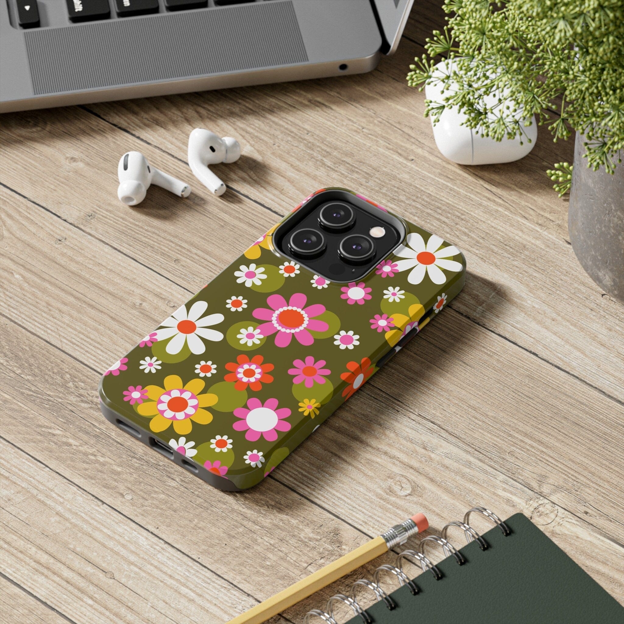 Kate McEnroe New York Retro Daisy Flower Power Phone Case for iPhone 14 Series, 70s Hippie Pink & Green Mid Century Modern Design - 13389123Phone Cases17402050954205161214