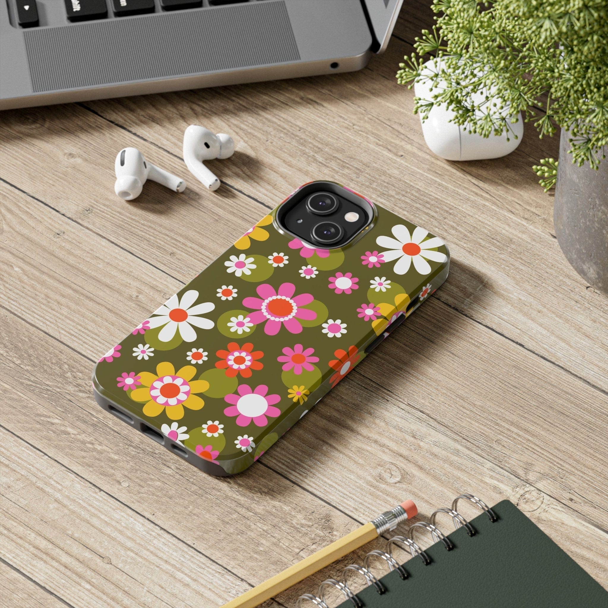 Kate McEnroe New York Retro Daisy Flower Power Phone Case for iPhone 14 Series, 70s Hippie Pink & Green Mid Century Modern Design - 13389123Phone Cases17402050954205161214
