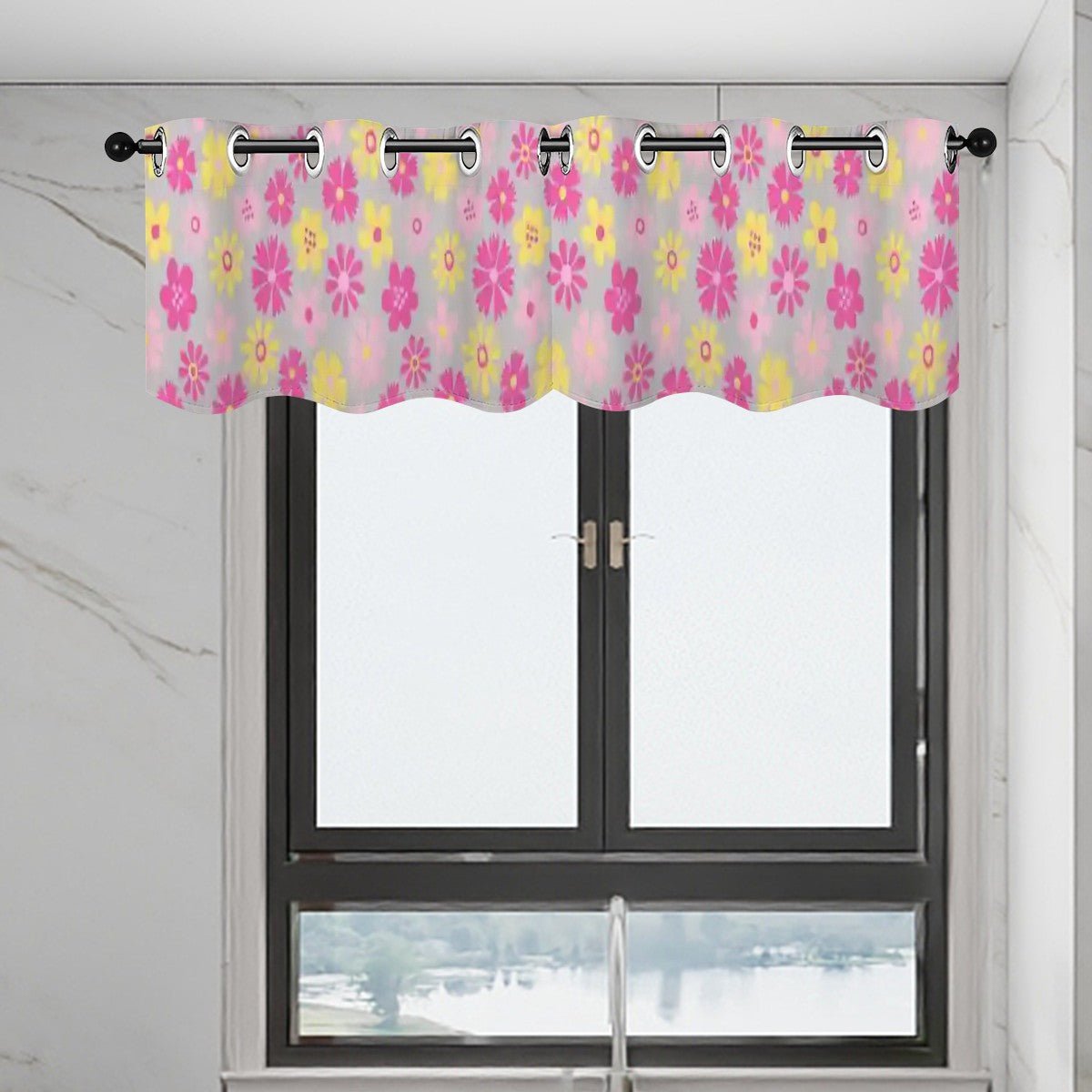 Kate McEnroe New York Retro Daisy Window Valance, Mid Century Modern Pink and Yellow Floral Kitchen Curtain, 60s Groovy Grommet Short DrapesValancesOVYs9LTMUM