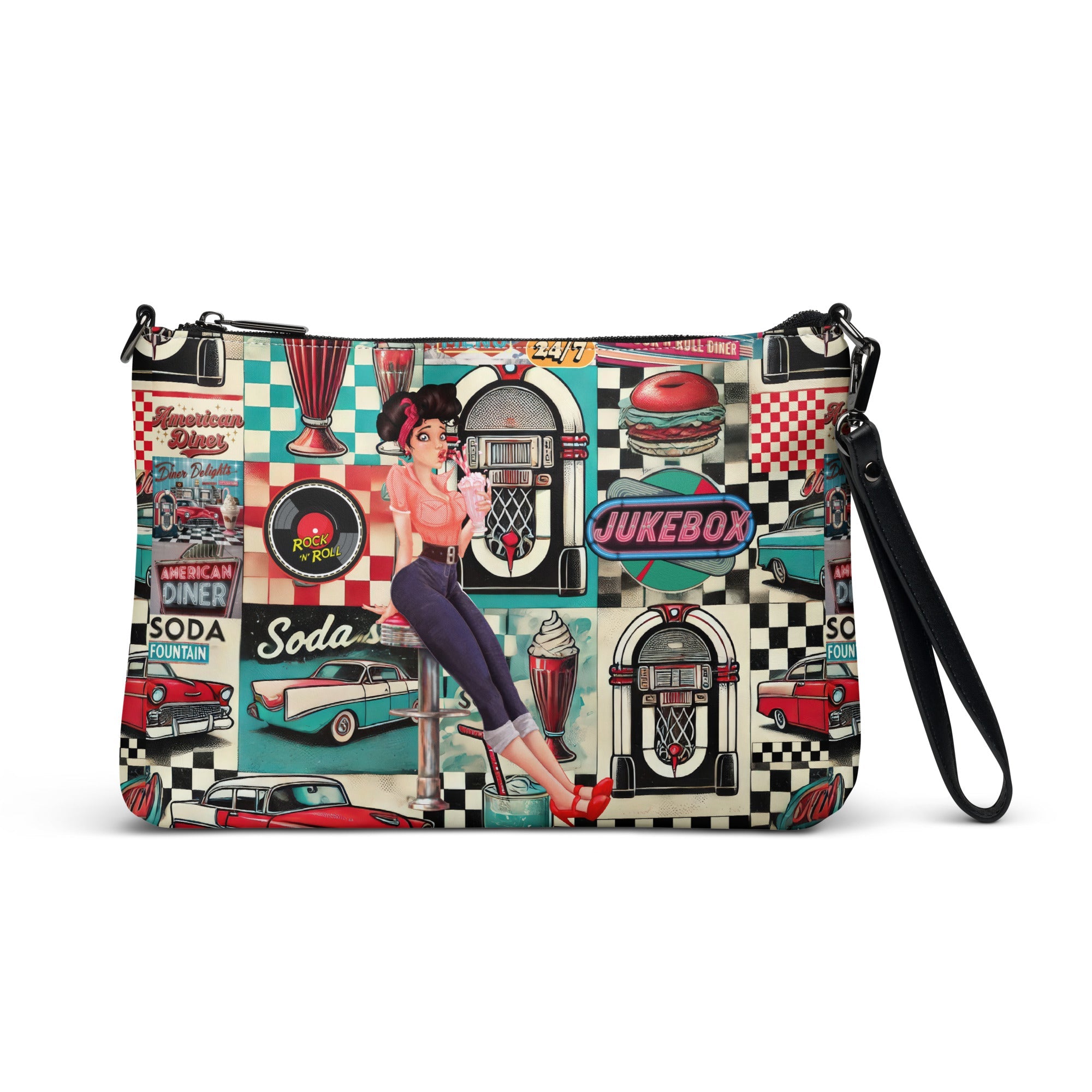 Kate McEnroe New York Retro Diner Pin - Up Crossbody Bag, Vintage 50s Rock n’ Roll Jukebox, Classic American Diner Shoulder Bag, Retro Style PurseHandbags8908257_16708