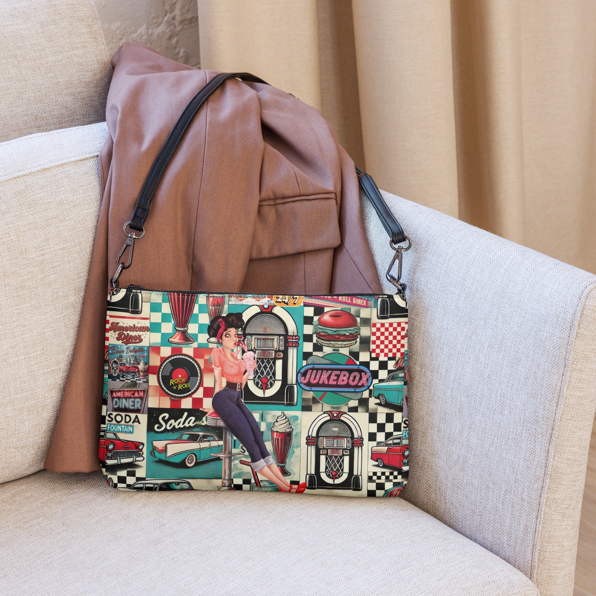 Kate McEnroe New York Retro Diner Pin - Up Crossbody Bag, Vintage 50s Rock n’ Roll Jukebox, Classic American Diner Shoulder Bag, Retro Style PurseHandbags8908257_16708