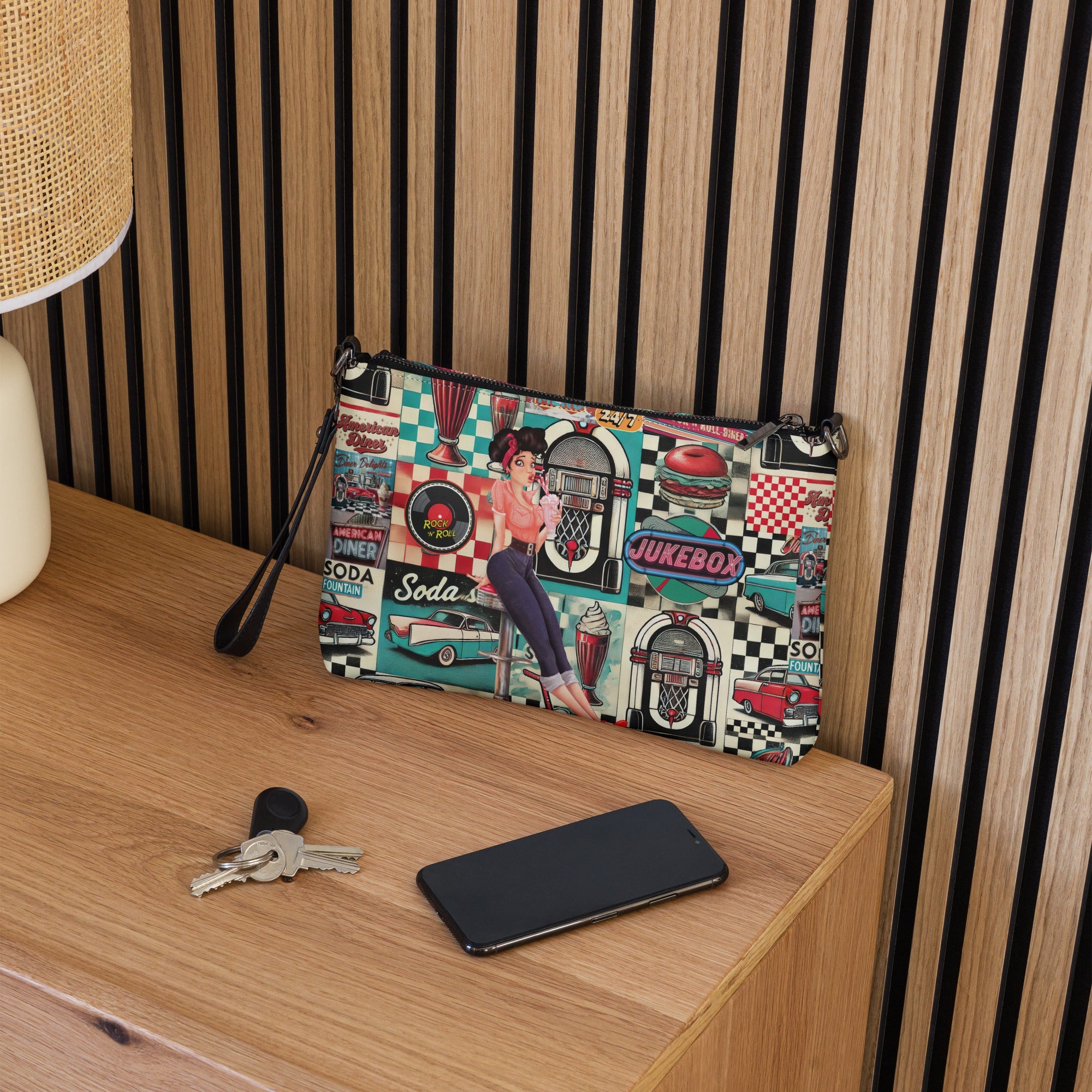 Kate McEnroe New York Retro Diner Pin - Up Crossbody Bag, Vintage 50s Rock n’ Roll Jukebox, Classic American Diner Shoulder Bag, Retro Style PurseHandbags8908257_16708