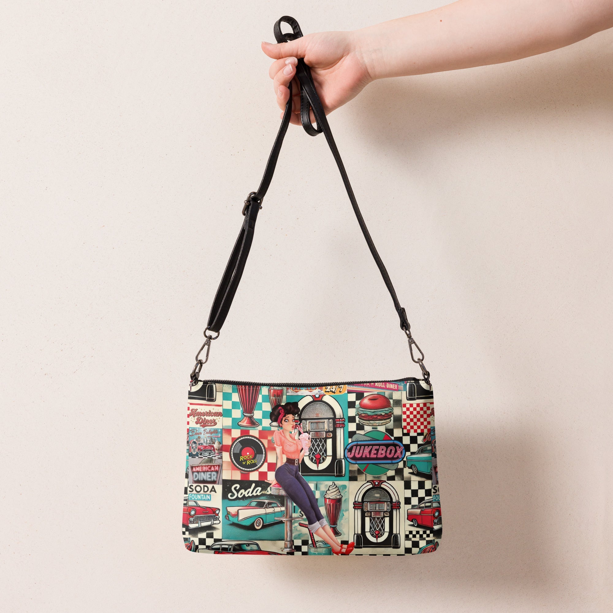 Kate McEnroe New York Retro Diner Pin - Up Crossbody Bag, Vintage 50s Rock n’ Roll Jukebox, Classic American Diner Shoulder Bag, Retro Style PurseHandbags8908257_16708