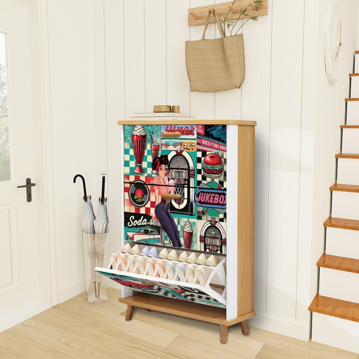Kate McEnroe New York Retro Diner Shoe Cabinet, 50s Americana Mudroom Storage, Vintage Rockabilly OrganizerShoe Storageq6kcwyxl6S