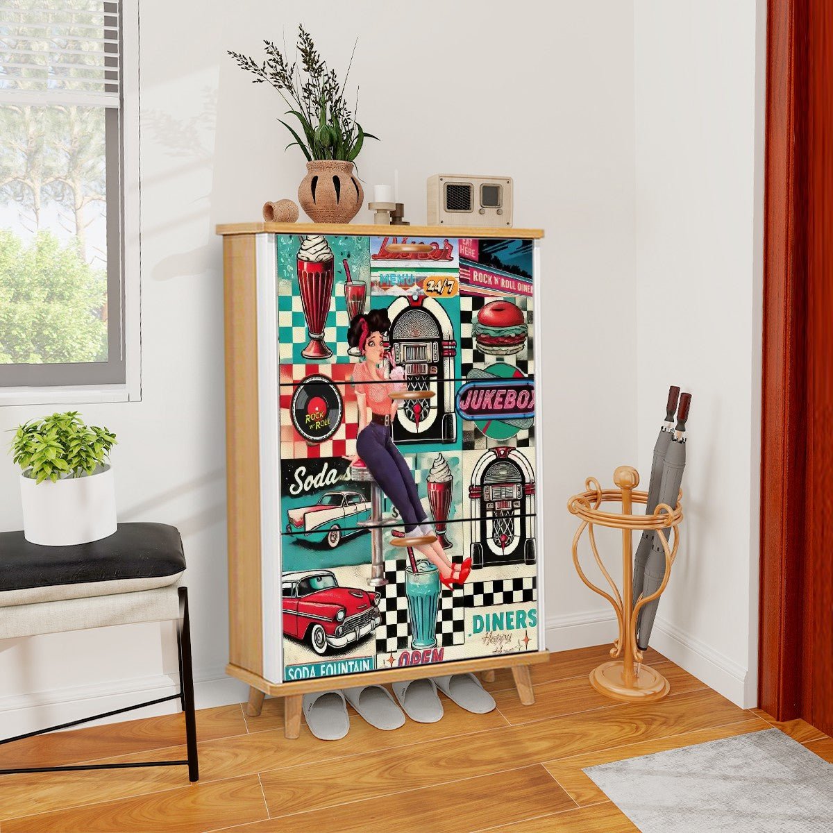 Kate McEnroe New York Retro Diner Shoe Cabinet, 50s Americana Mudroom Storage, Vintage Rockabilly OrganizerShoe Storageq6kcwyxl6S