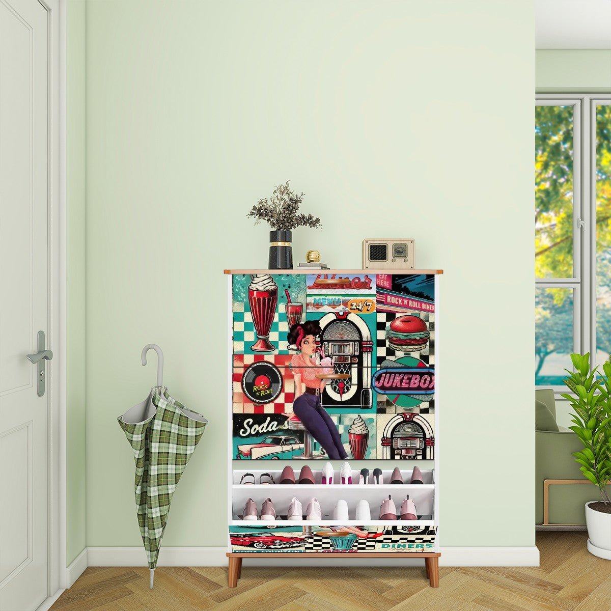 Kate McEnroe New York Retro Diner Shoe Cabinet, 50s Americana Mudroom Storage, Vintage Rockabilly OrganizerShoe Storageq6kcwyxl6S
