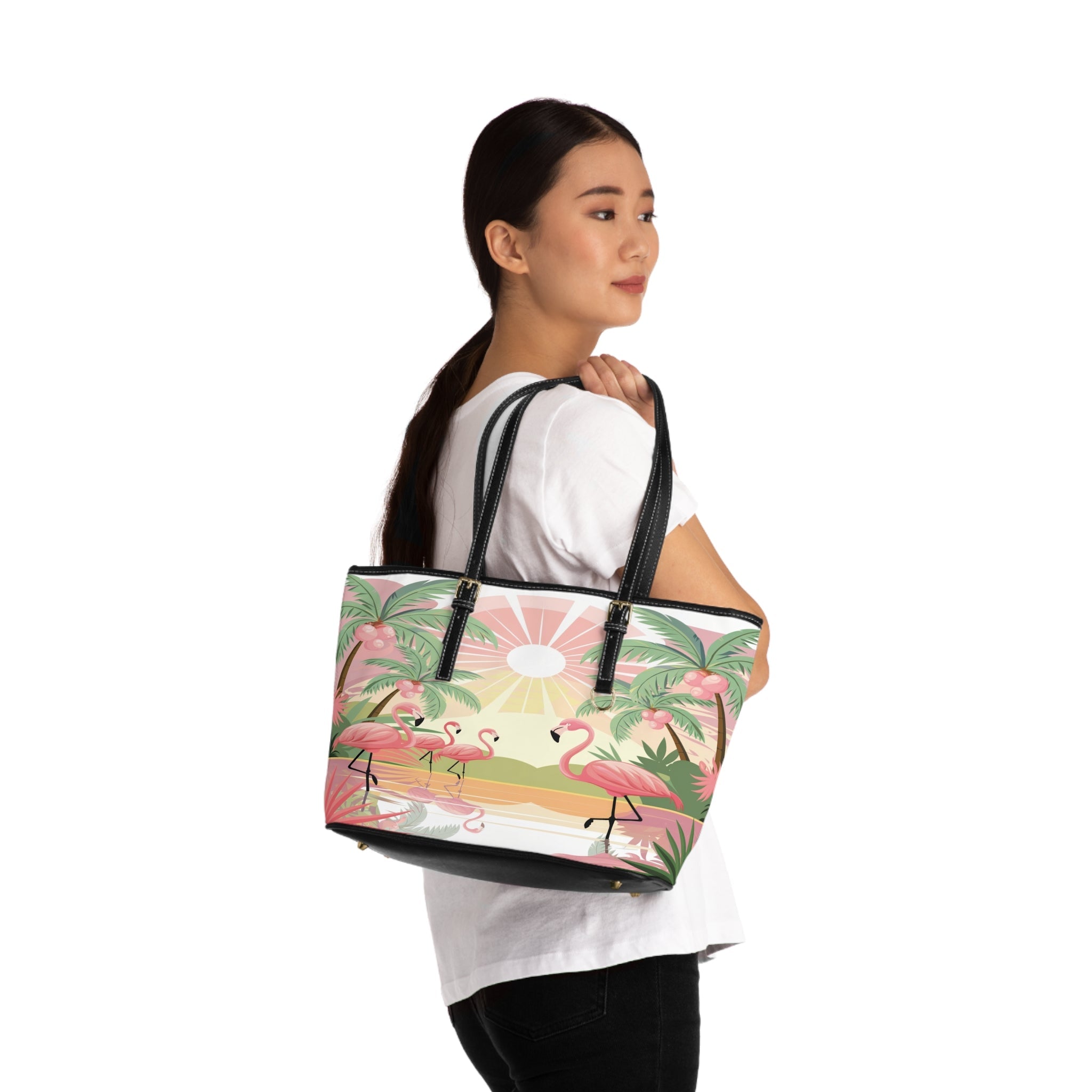 Kate McEnroe New York Retro Flamingo Palm Spring Tote Bag, Mid Century Tropical Sunset HandbagTotes54958727798629246961