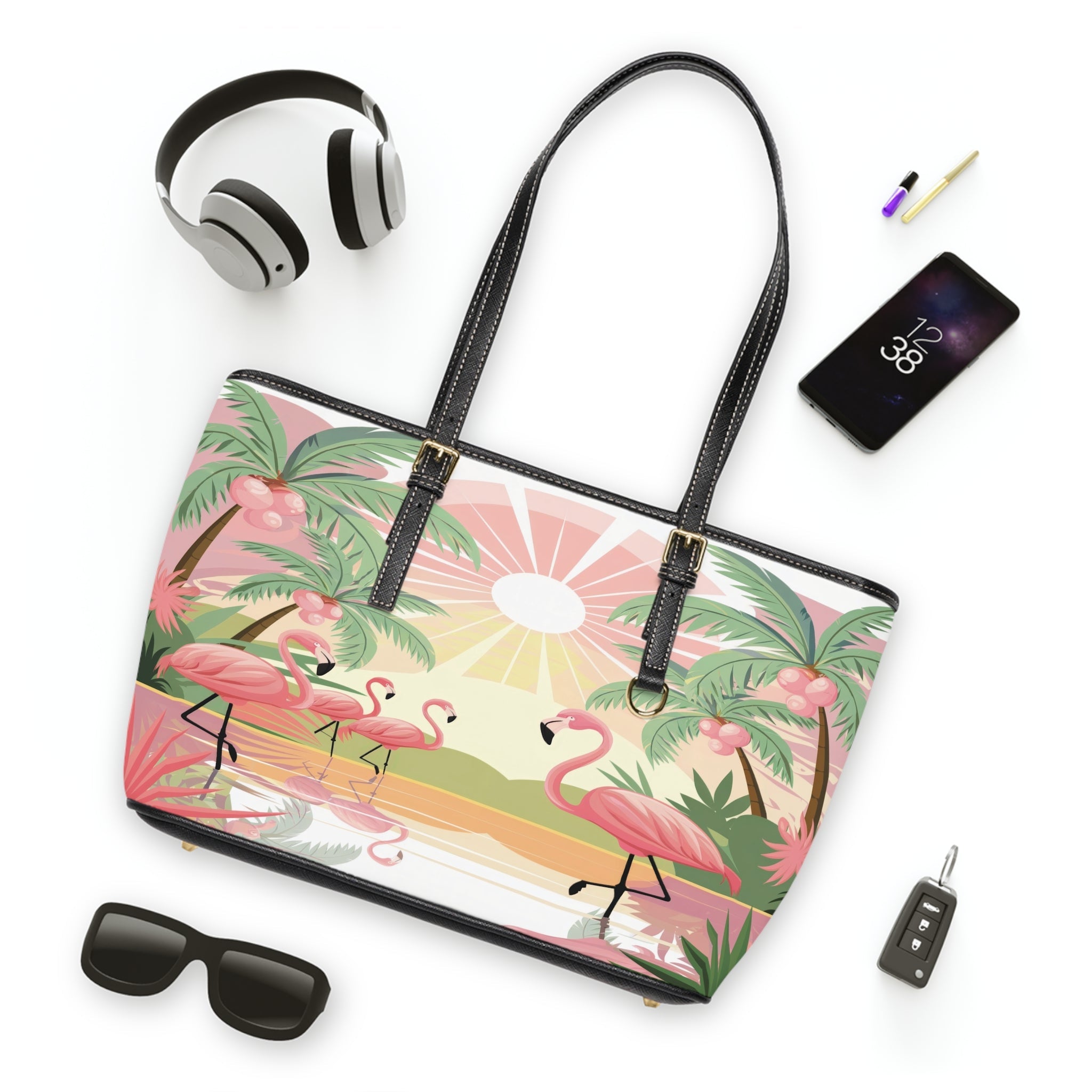 Kate McEnroe New York Retro Flamingo Palm Spring Tote Bag, Mid Century Tropical Sunset HandbagTotes54958727798629246961