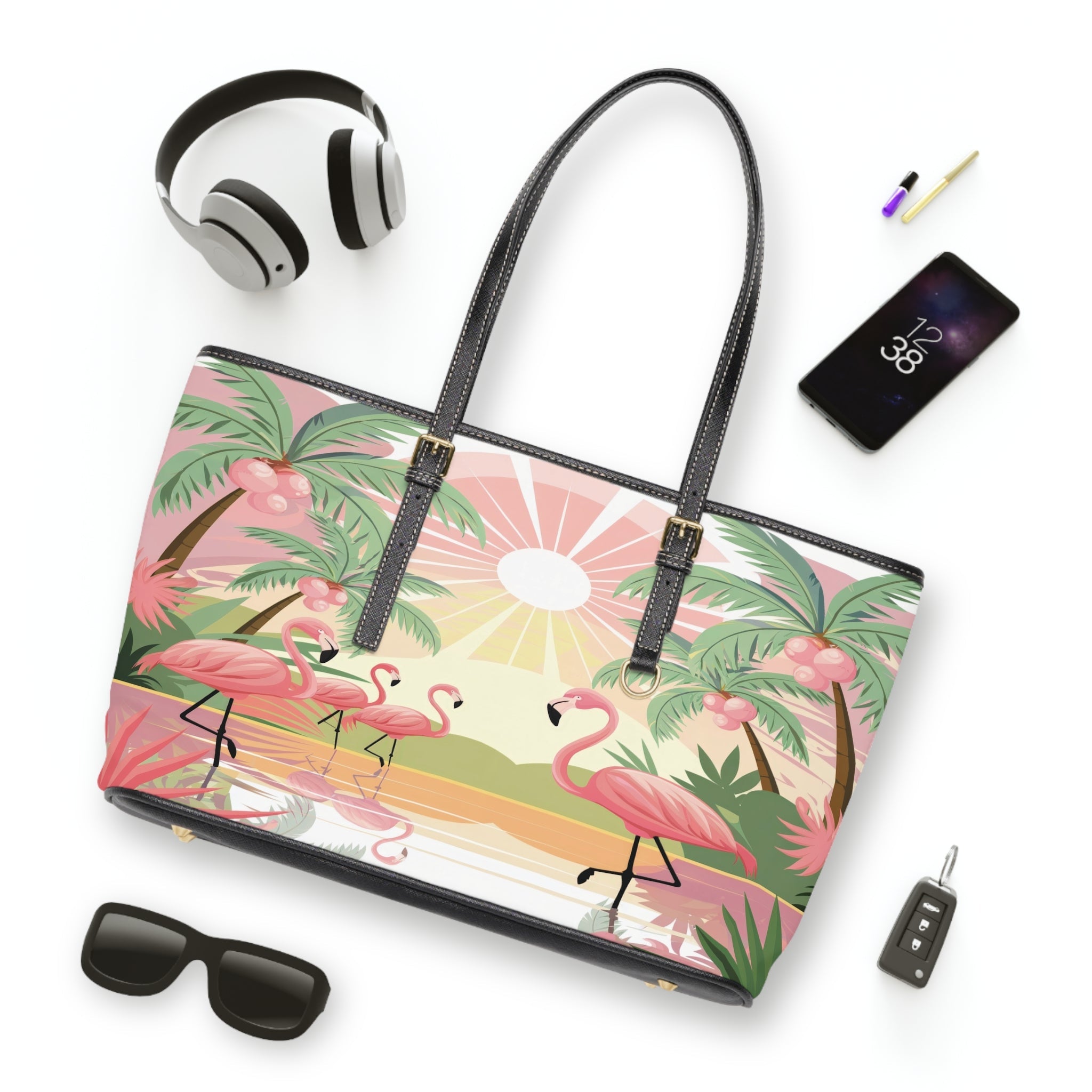 Kate McEnroe New York Retro Flamingo Palm Spring Tote Bag, Mid Century Tropical Sunset HandbagTotes62474889237993802741