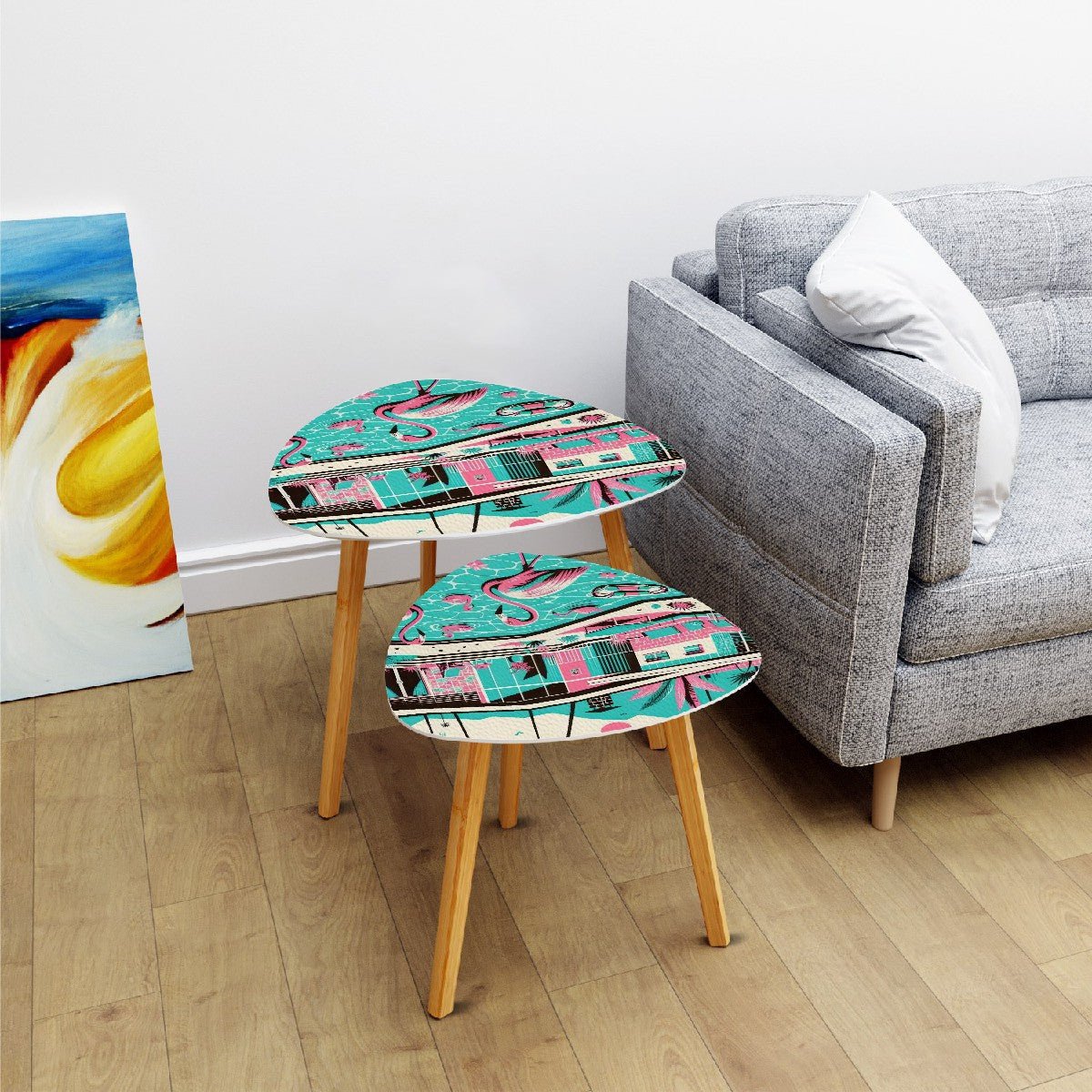 Kate McEnroe New York Retro Flamingo Palm Springs Nesting Tables, Mid Century Modern Pink Teal AccentNesting TablesXAfil1MXoC
