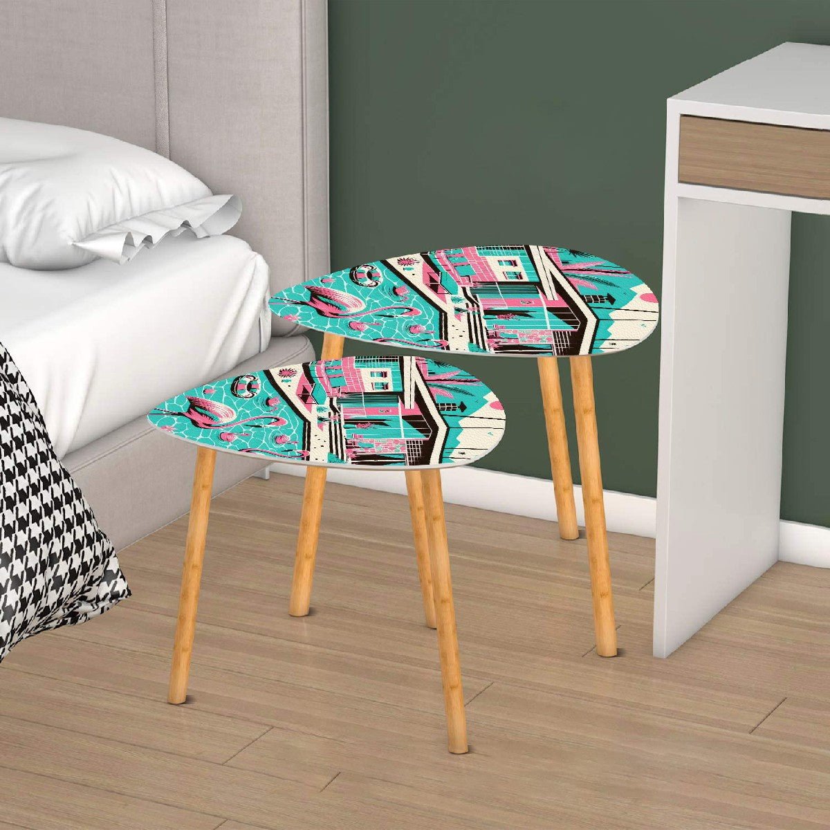 Kate McEnroe New York Retro Flamingo Palm Springs Nesting Tables, Mid Century Modern Pink Teal AccentNesting TablesXAfil1MXoC