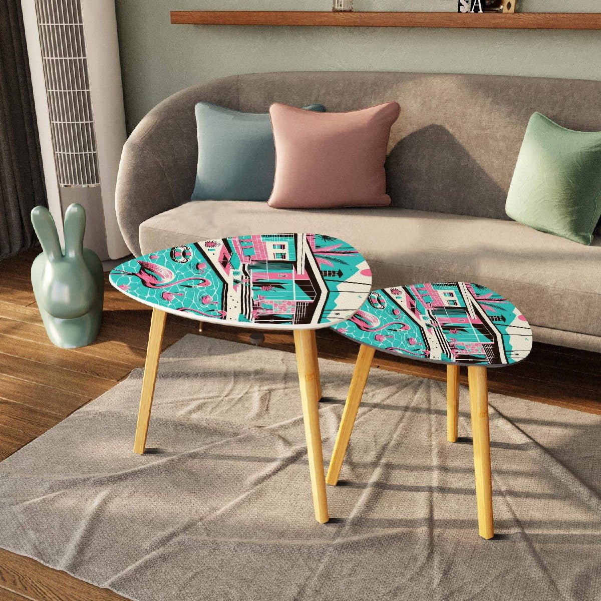 Kate McEnroe New York Retro Flamingo Palm Springs Nesting Tables, Mid Century Modern Pink Teal AccentNesting TablesXAfil1MXoC