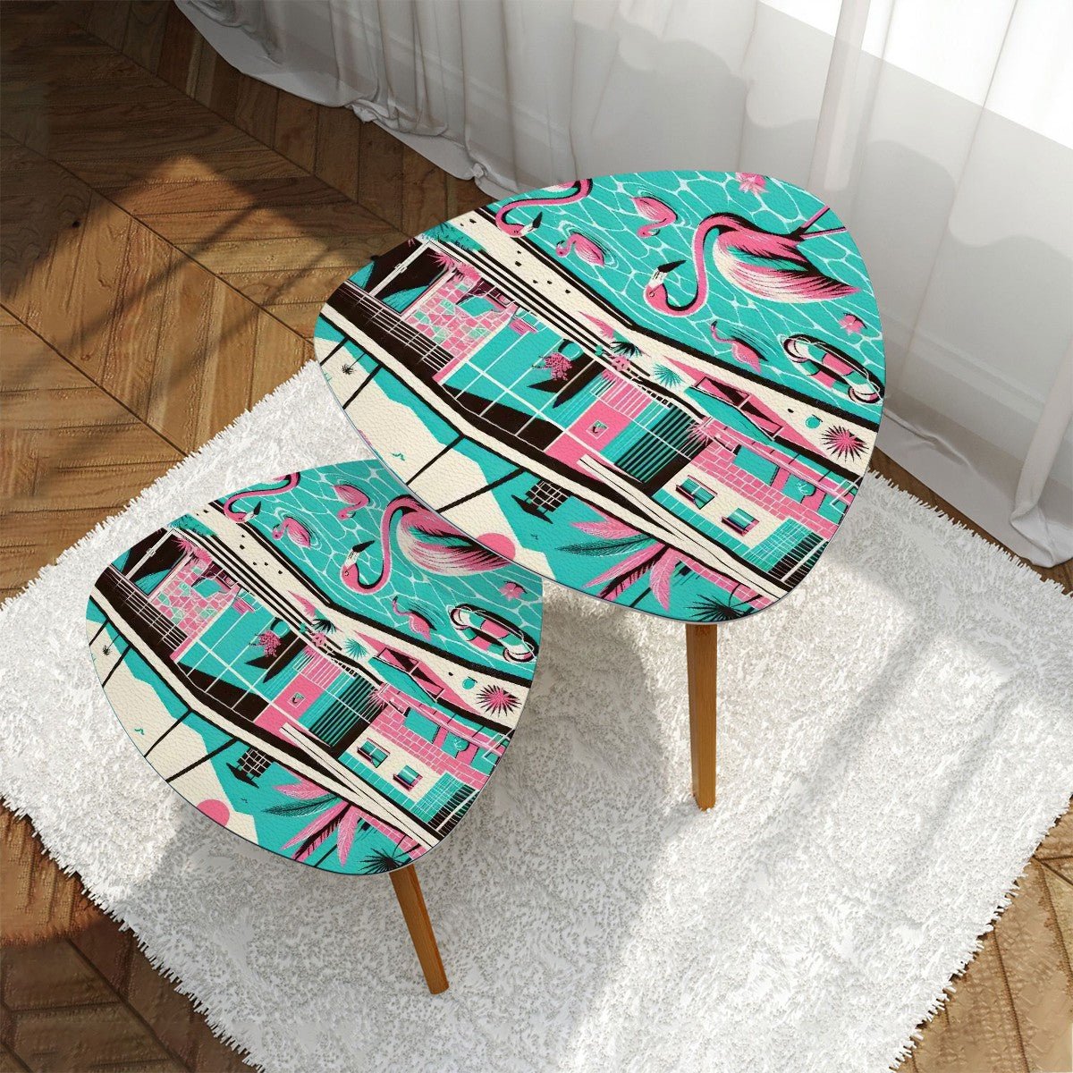 Kate McEnroe New York Retro Flamingo Palm Springs Nesting Tables, Mid Century Modern Pink Teal AccentNesting TablesXAfil1MXoC