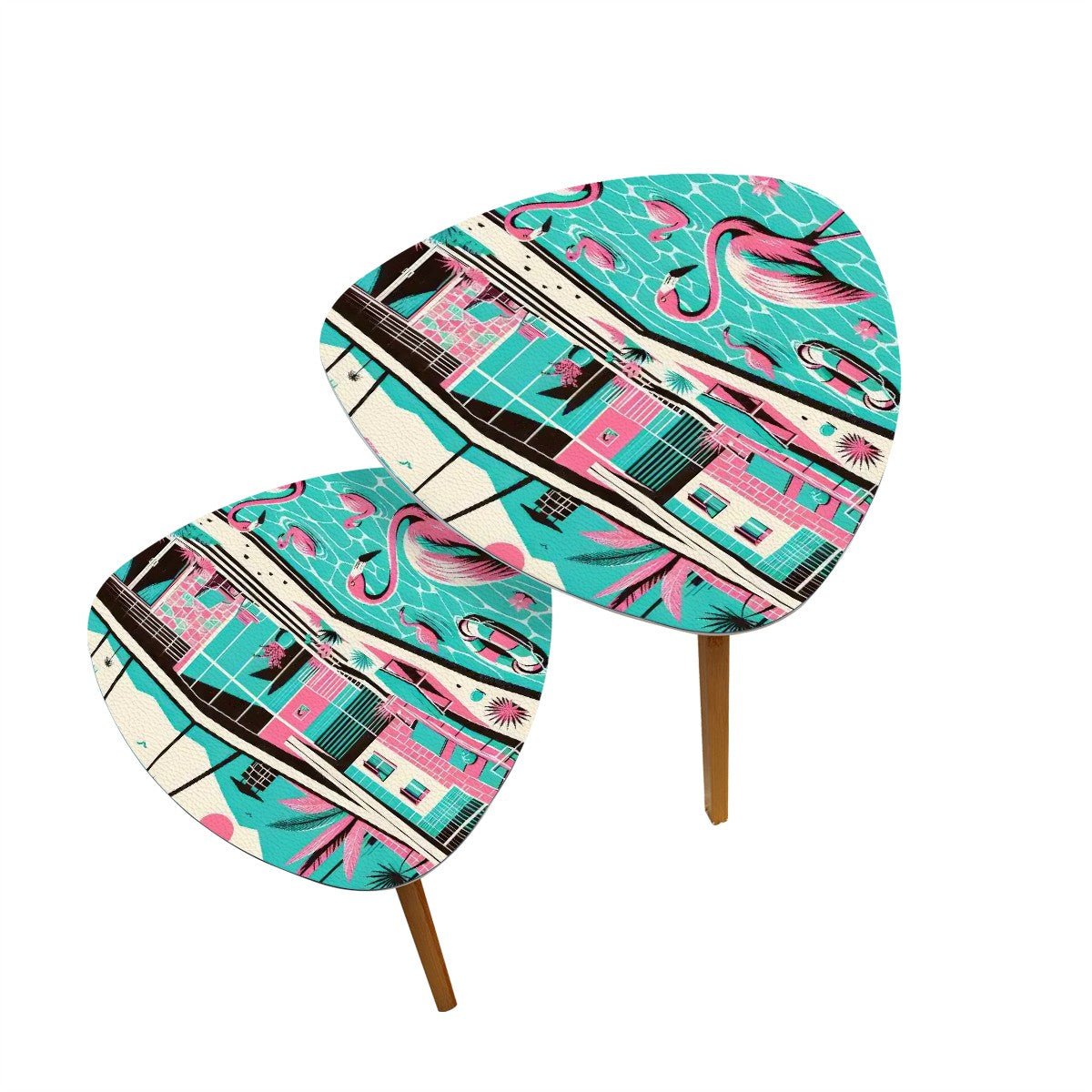 Kate McEnroe New York Retro Flamingo Palm Springs Nesting Tables, Mid Century Modern Pink Teal AccentNesting TablesXAfil1MXoC
