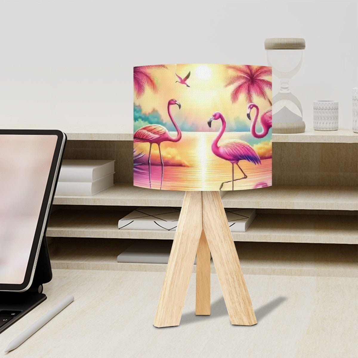 Kate McEnroe New York Retro Flamingo Sunset Table Lamp, Mid Century Tropical Palm Tripod Light, Kitsch Coastal Desk LampTable LampsfHg59MsMRZ