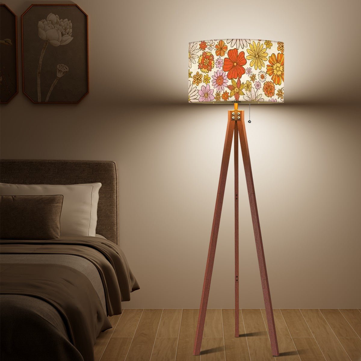 Kate McEnroe New York Retro Floral MCM Tripod Floor Lamp, Linen Drum Shade in Orange and Yellow, Mid Century Modern Living Room, Bedroom Accent LampFloor LampsKp1FQctSwB
