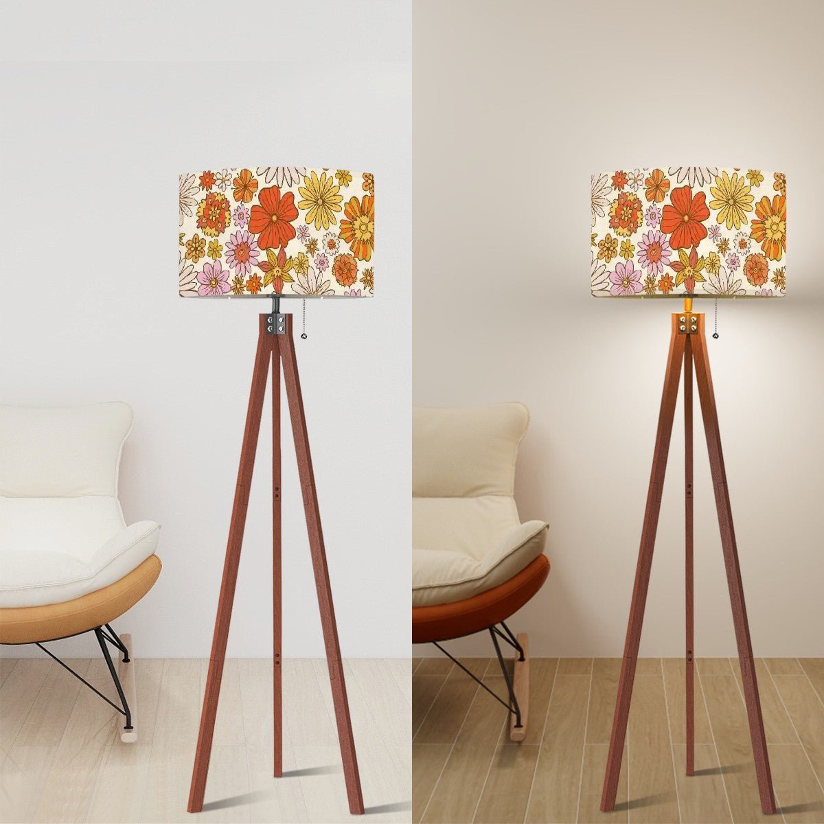 Kate McEnroe New York Retro Floral MCM Tripod Floor Lamp, Linen Drum Shade in Orange and Yellow, Mid Century Modern Living Room, Bedroom Accent LampFloor LampsKp1FQctSwB