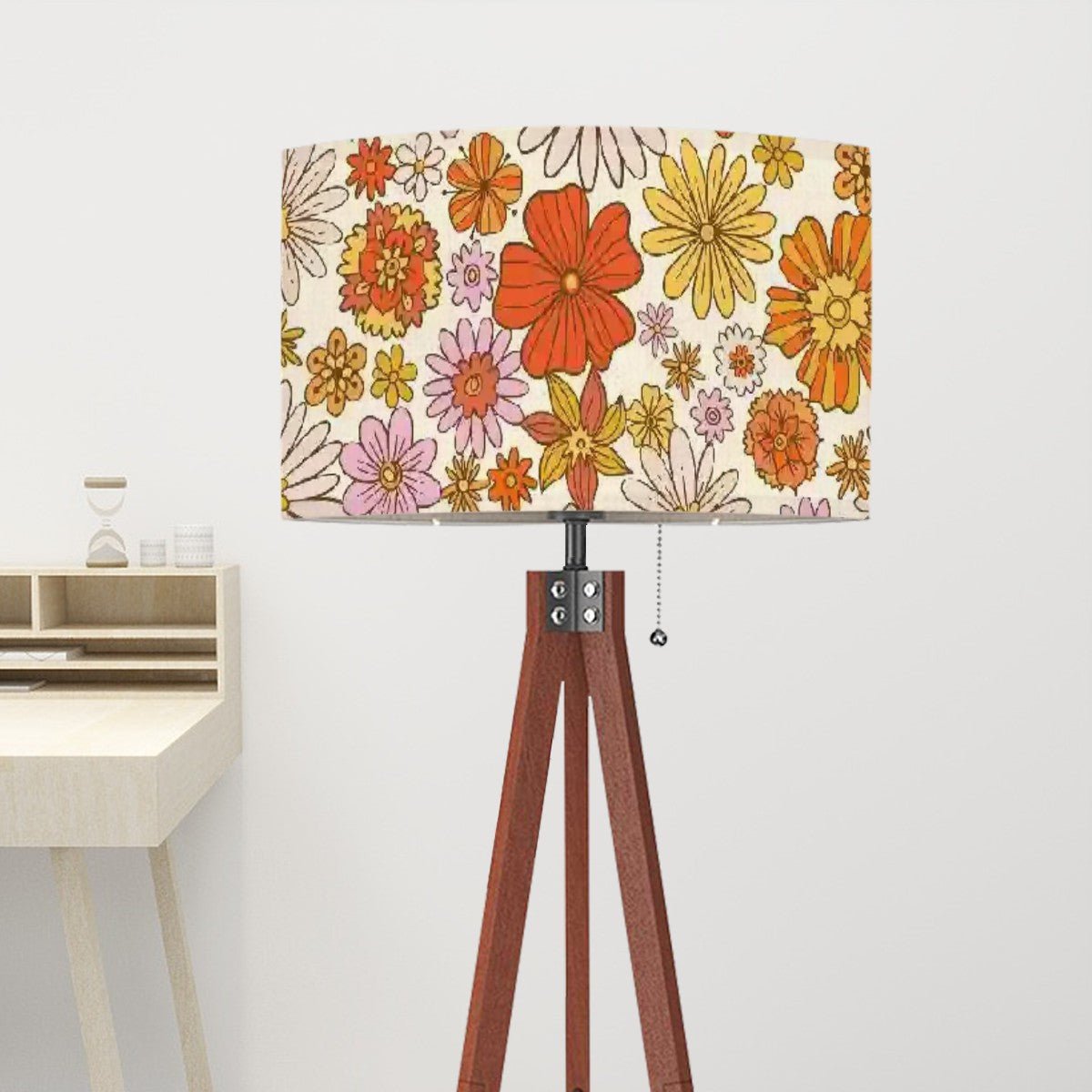 Kate McEnroe New York Retro Floral MCM Tripod Floor Lamp, Linen Drum Shade in Orange and Yellow, Mid Century Modern Living Room, Bedroom Accent LampFloor LampsKp1FQctSwB