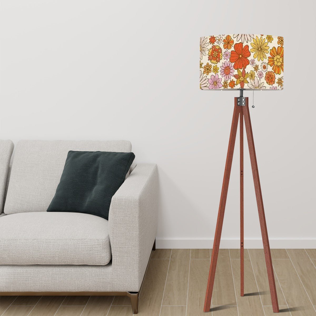 Kate McEnroe New York Retro Floral MCM Tripod Floor Lamp, Linen Drum Shade in Orange and Yellow, Mid Century Modern Living Room, Bedroom Accent LampFloor LampsKp1FQctSwB