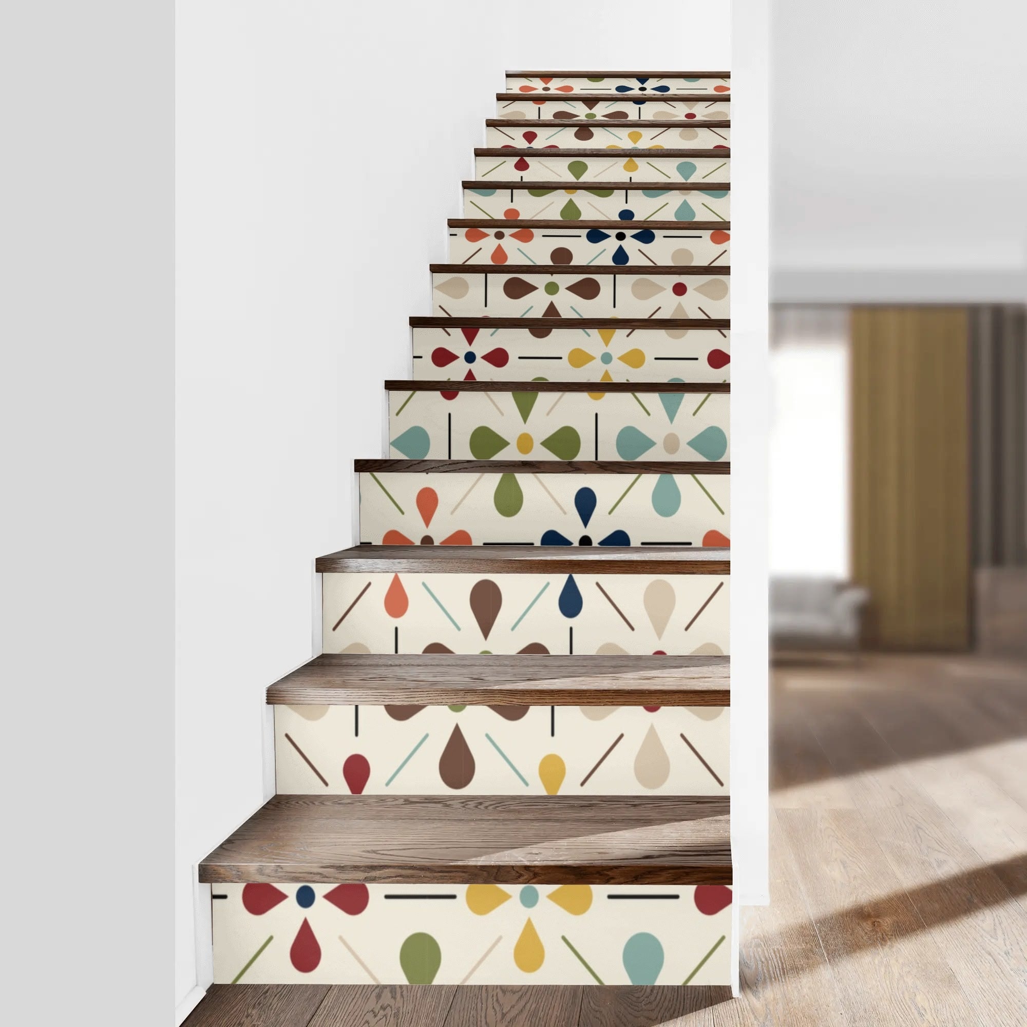 Kate McEnroe New York Retro Floral Mid Century Modern Peel and Stick 13Pcs Stair Riser Decals, Geometric Scandinavian Home DecorStair RisersW1MD139Y - 1