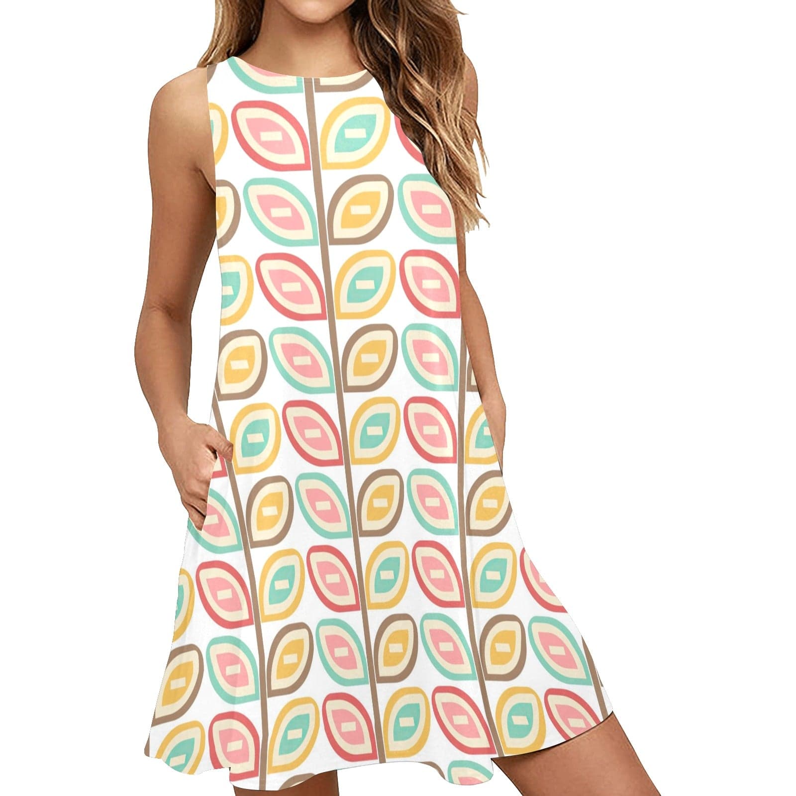 Retro Floral Scandinavian Sleeveless Tank Dress with Pockets XS Retro Floral Scandinavian Sleeveless Tank Dress with Pockets XS