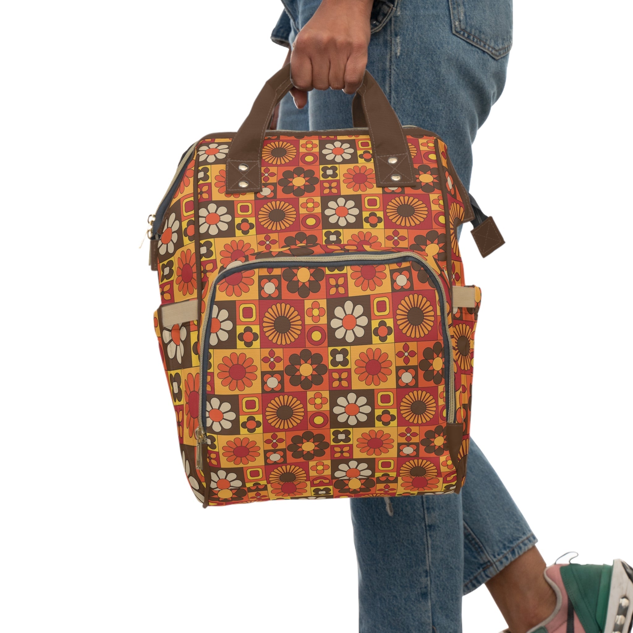 Kate McEnroe New York Retro Flower Power Diaper Backpack, Mid Century Modern Mod Squares Baby Bag, Groovy 70s MCM Travel ToteDiaper Bags25923813803263129647