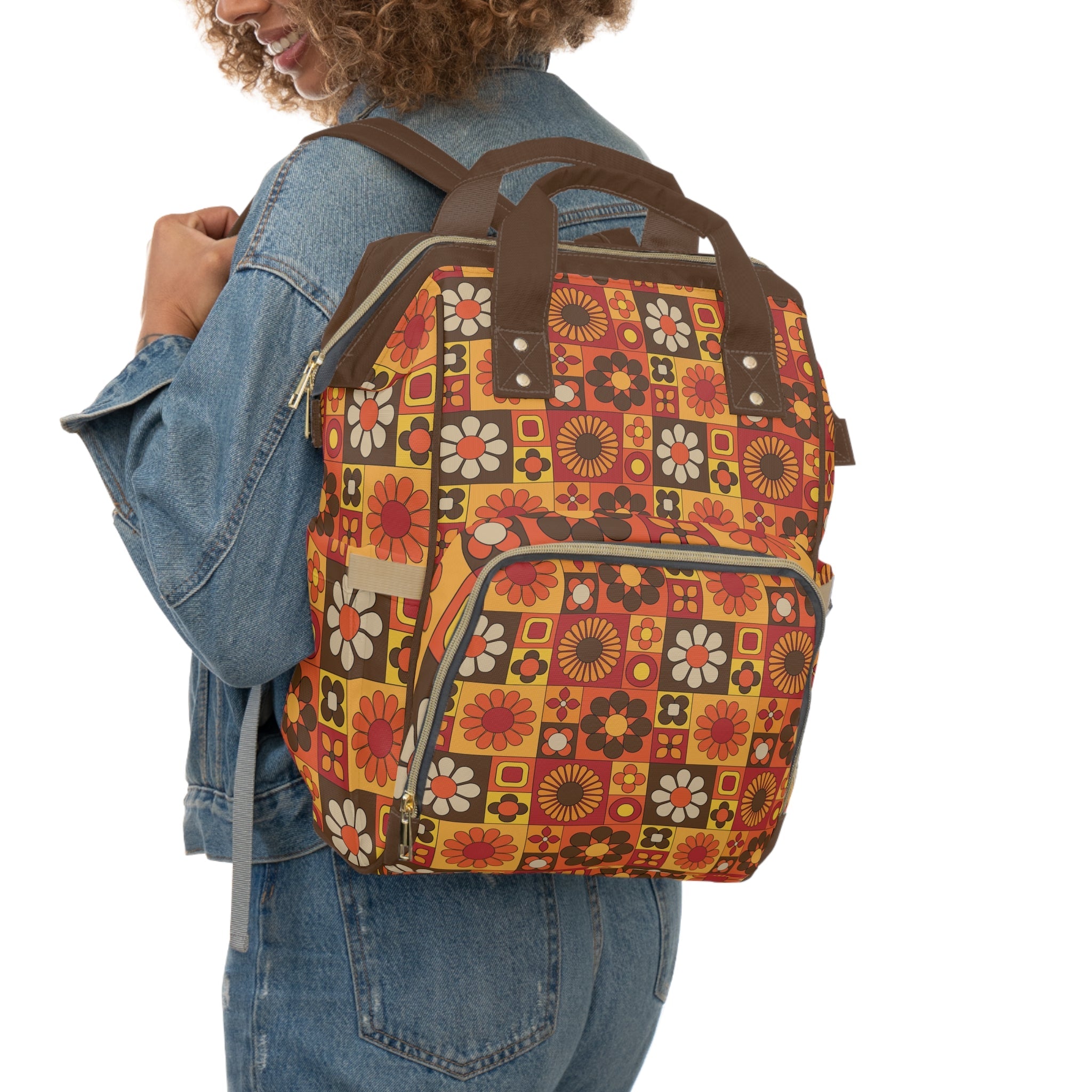 Kate McEnroe New York Retro Flower Power Diaper Backpack, Mid Century Modern Mod Squares Baby Bag, Groovy 70s MCM Travel ToteDiaper Bags25923813803263129647