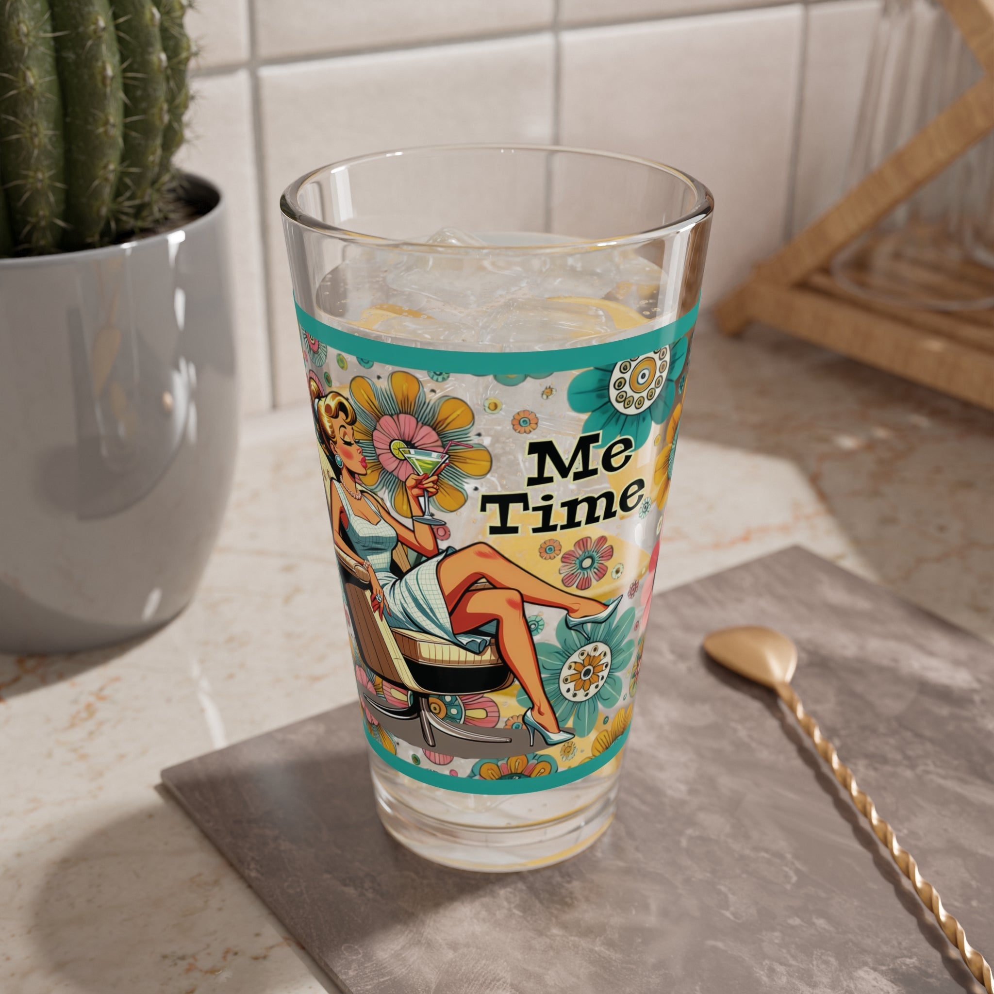 Kate McEnroe New York Retro Flower Power Pint Glass, Mid Century Modern Me Time Shaker, MCM Vintage Style Kitschy Cocktail DrinkwareCocktail Glasses61234739300155154832