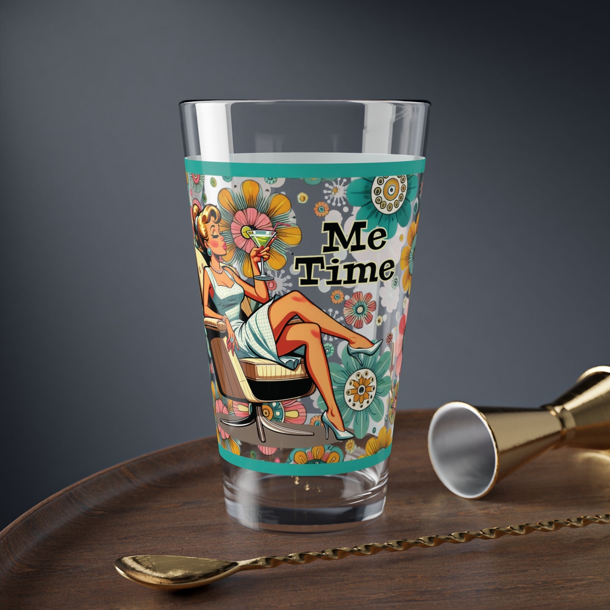 Kate McEnroe New York Retro Flower Power Pint Glass, Mid Century Modern Me Time Shaker, MCM Vintage Style Kitschy Cocktail DrinkwareCocktail Glasses61234739300155154832