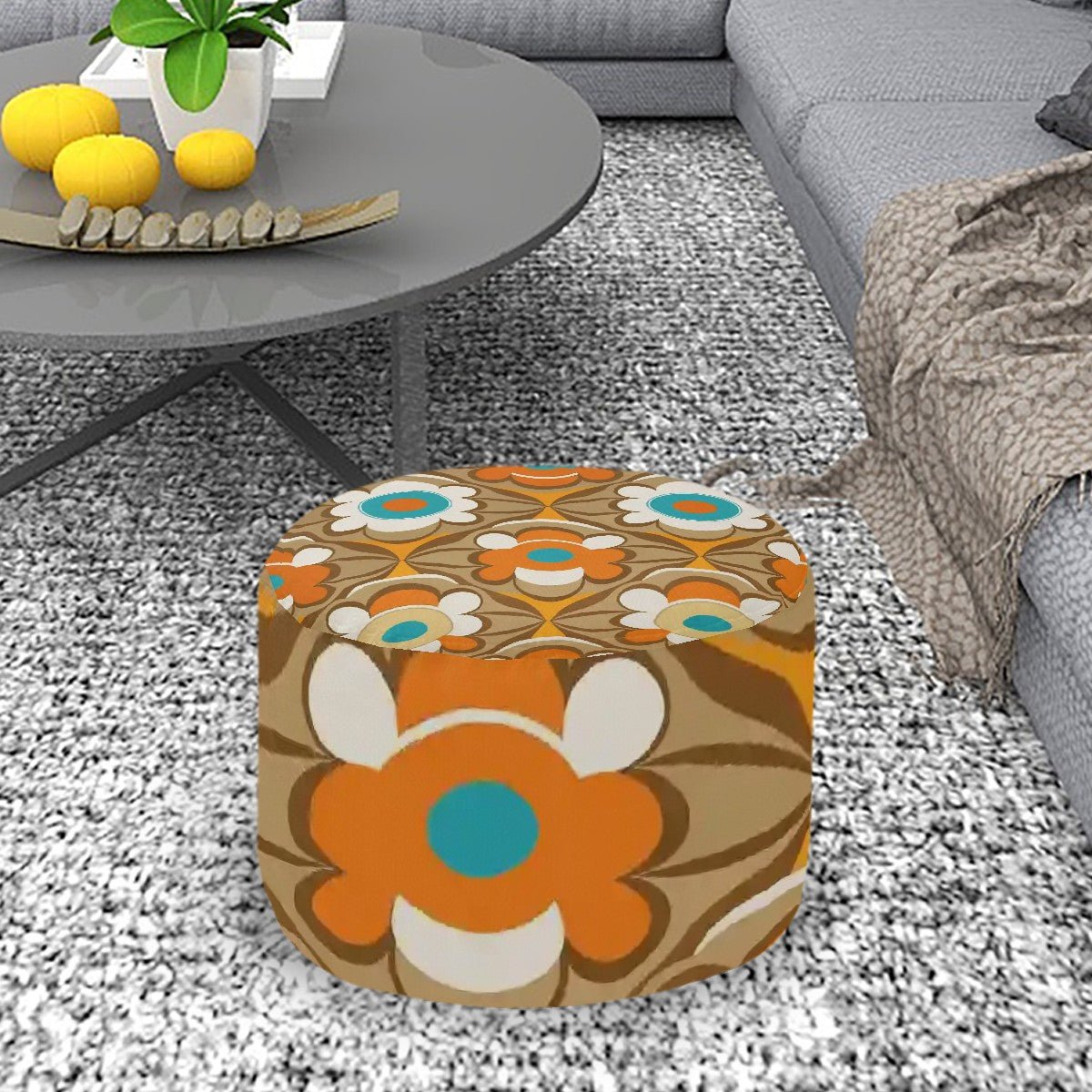 Kate McEnroe New York Retro Flower Power Round Ottoman, 60s Mid Century Modern Pouf, Vintage Orange and Turquoise Accent Furniture, MCM Floral Boho FootstoolOttomansw70ZVR7Xrv