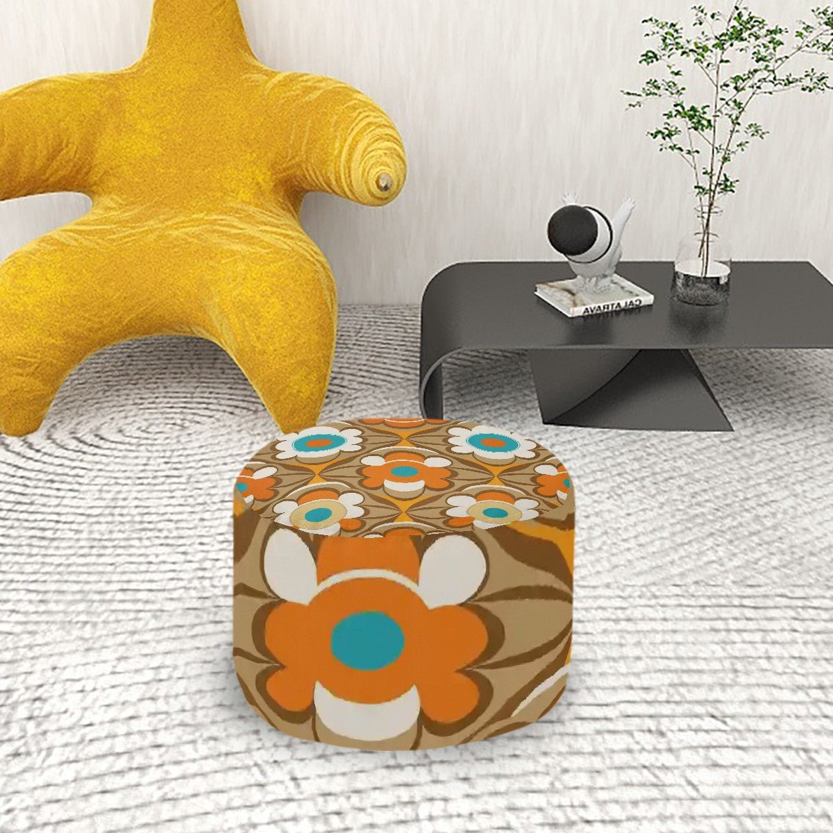 Kate McEnroe New York Retro Flower Power Round Ottoman, 60s Mid Century Modern Pouf, Vintage Orange and Turquoise Accent Furniture, MCM Floral Boho FootstoolOttomansw70ZVR7Xrv