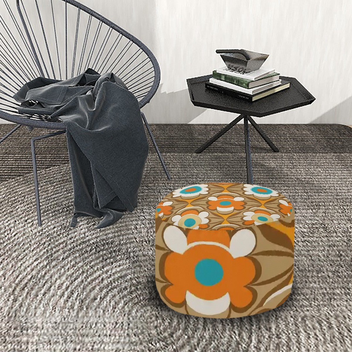 Kate McEnroe New York Retro Flower Power Round Ottoman, 60s Mid Century Modern Pouf, Vintage Orange and Turquoise Accent Furniture, MCM Floral Boho FootstoolOttomansw70ZVR7Xrv